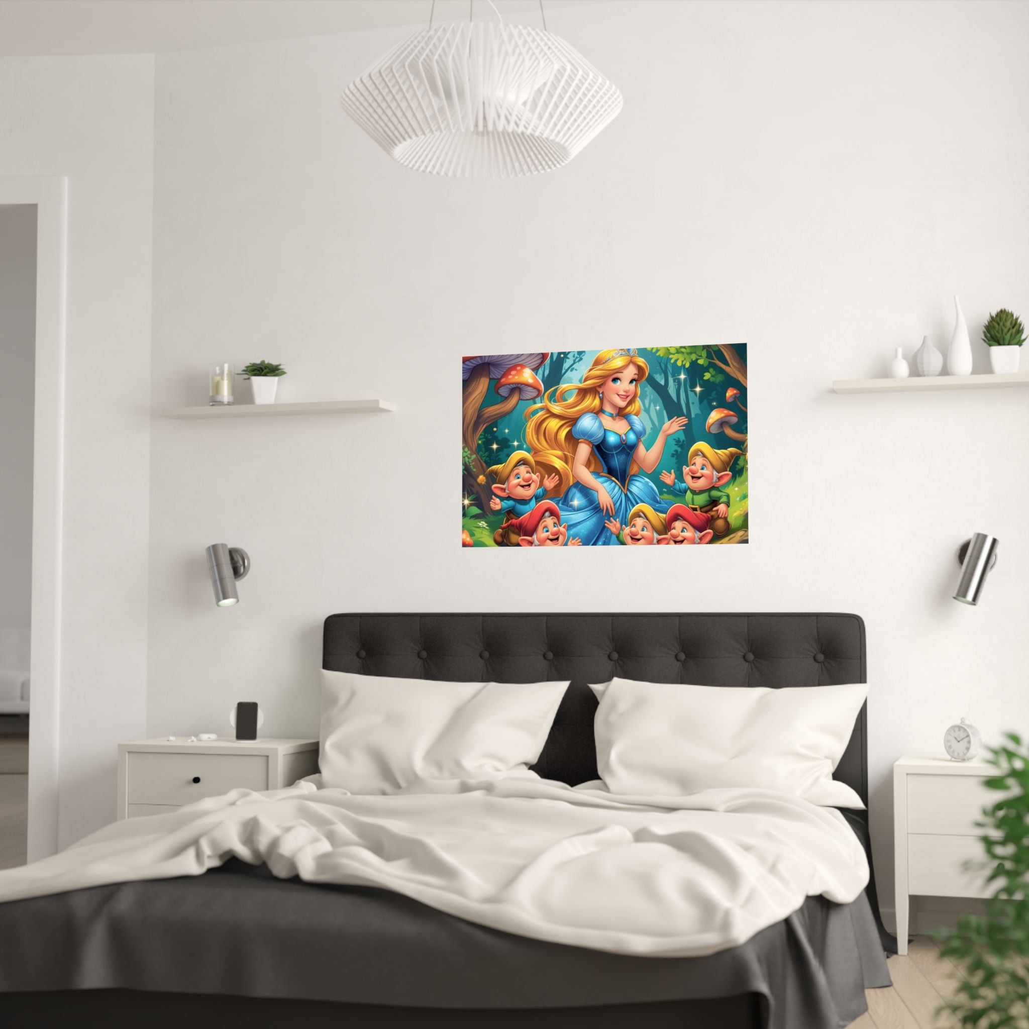 Wunderliche Satinposter für Kinderzimmer, Prinzessinnen-Dekor mit Zwerge über das Bett