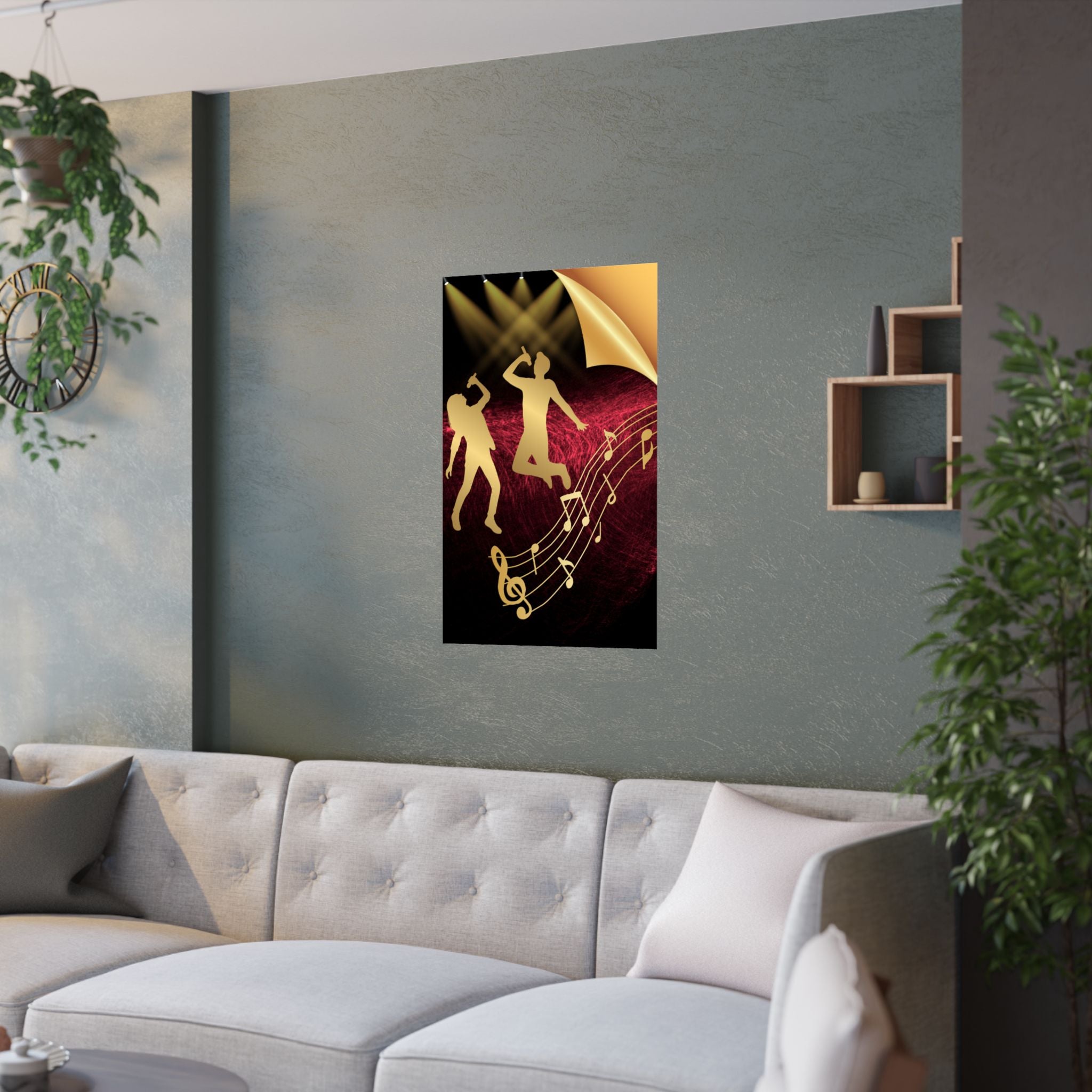 Lebendige Satin-Poster für Musikliebhaber – Perfekte Wandkunst mit ein Goldenes Design hängt über das  Sofa