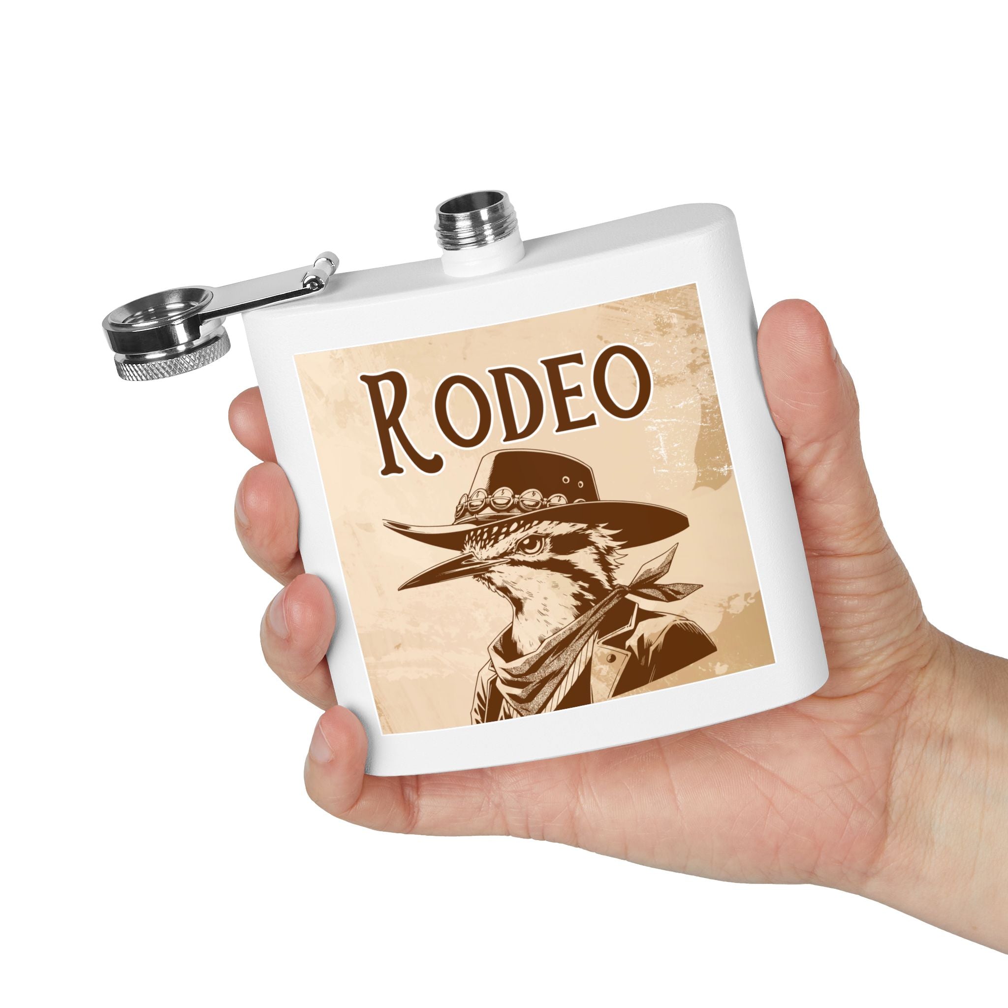 Rodeo-Flachmann aus Edelstahl Cowboy-Geschenk weiß in der Hand