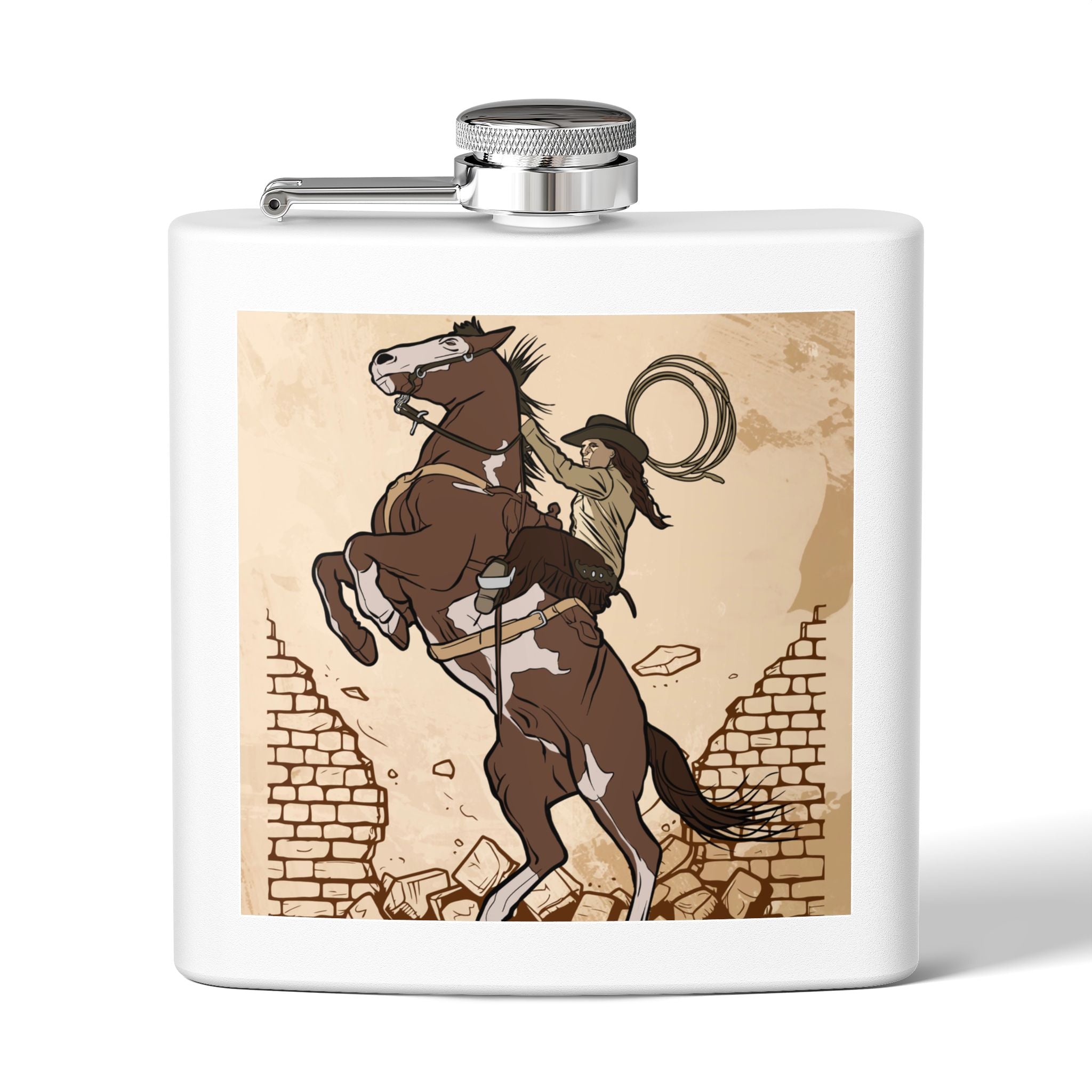 Edelstahl-Flachmann mit Cowboy-Motiv Trinkgefäß für Abenteurer weiß