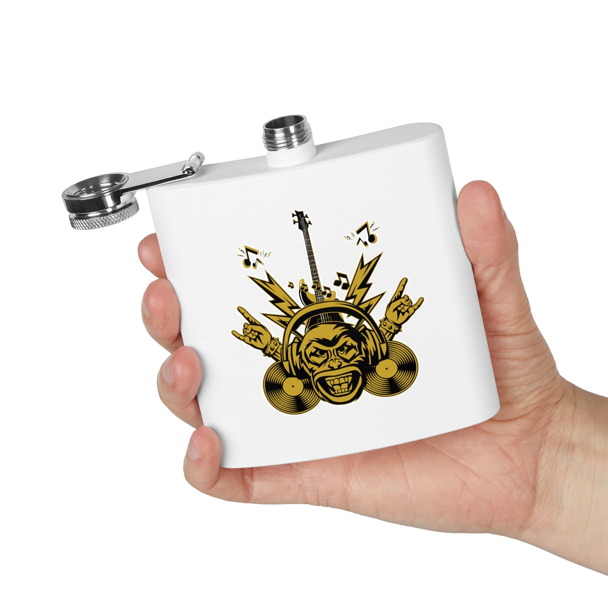Rockin' Music Lover's Flachmann - 6oz Edelstahl-Flachmann weiß in der Hand