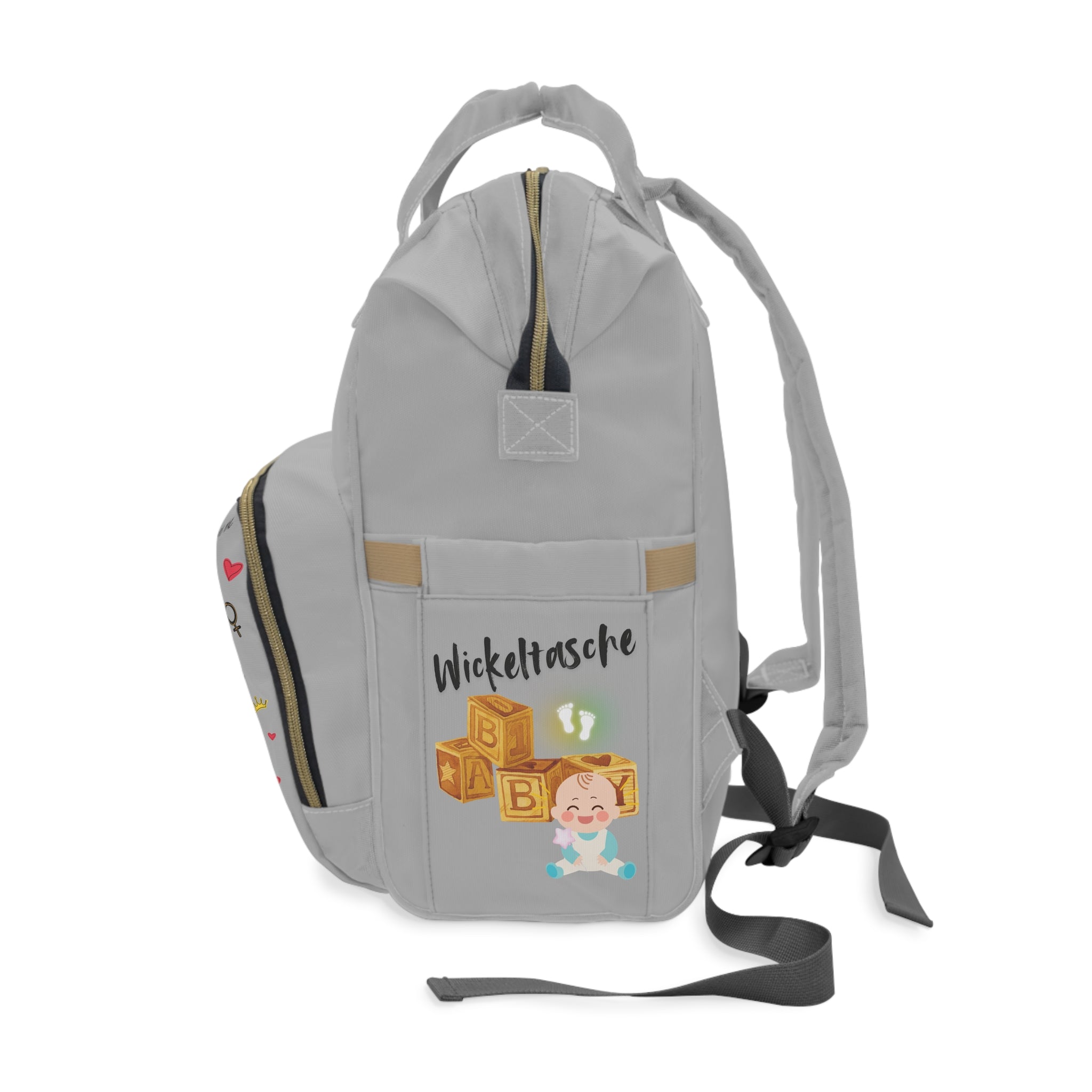 Stylischer multifunktionaler Wickelrucksack  mit ein Baby Design  mit ein Baby Design Herzen und Kronen in Grau Seite