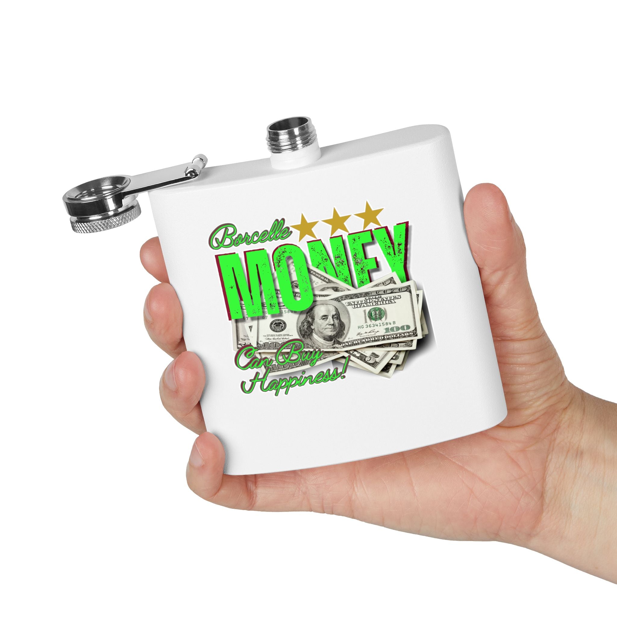 Edelstahl-Flachmann – 170 ml – perfektes Geschenk mit ein Geldscheine Design in Weiß in der Hand