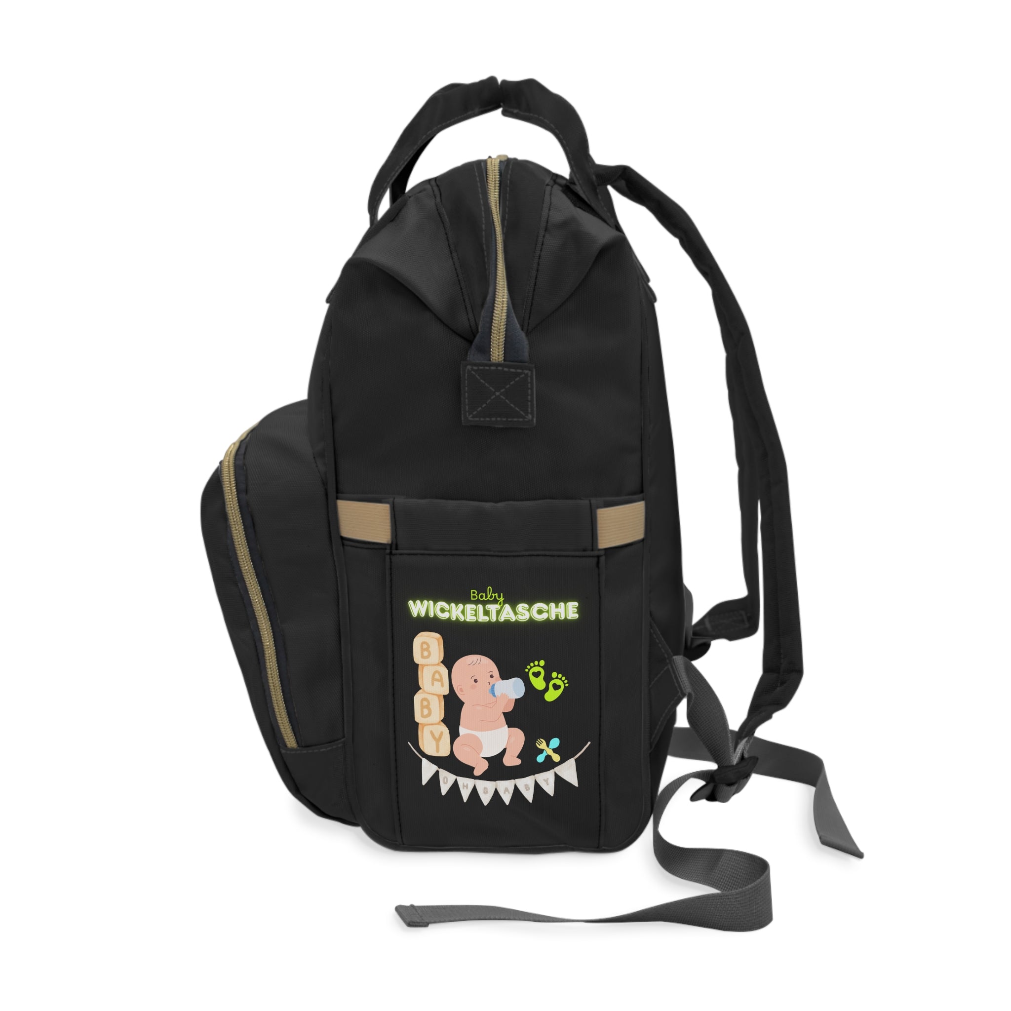 Stylischer multifunktionaler Wickelrucksack für moderne Eltern schwarz mit ein Baby Design und Mama Seite