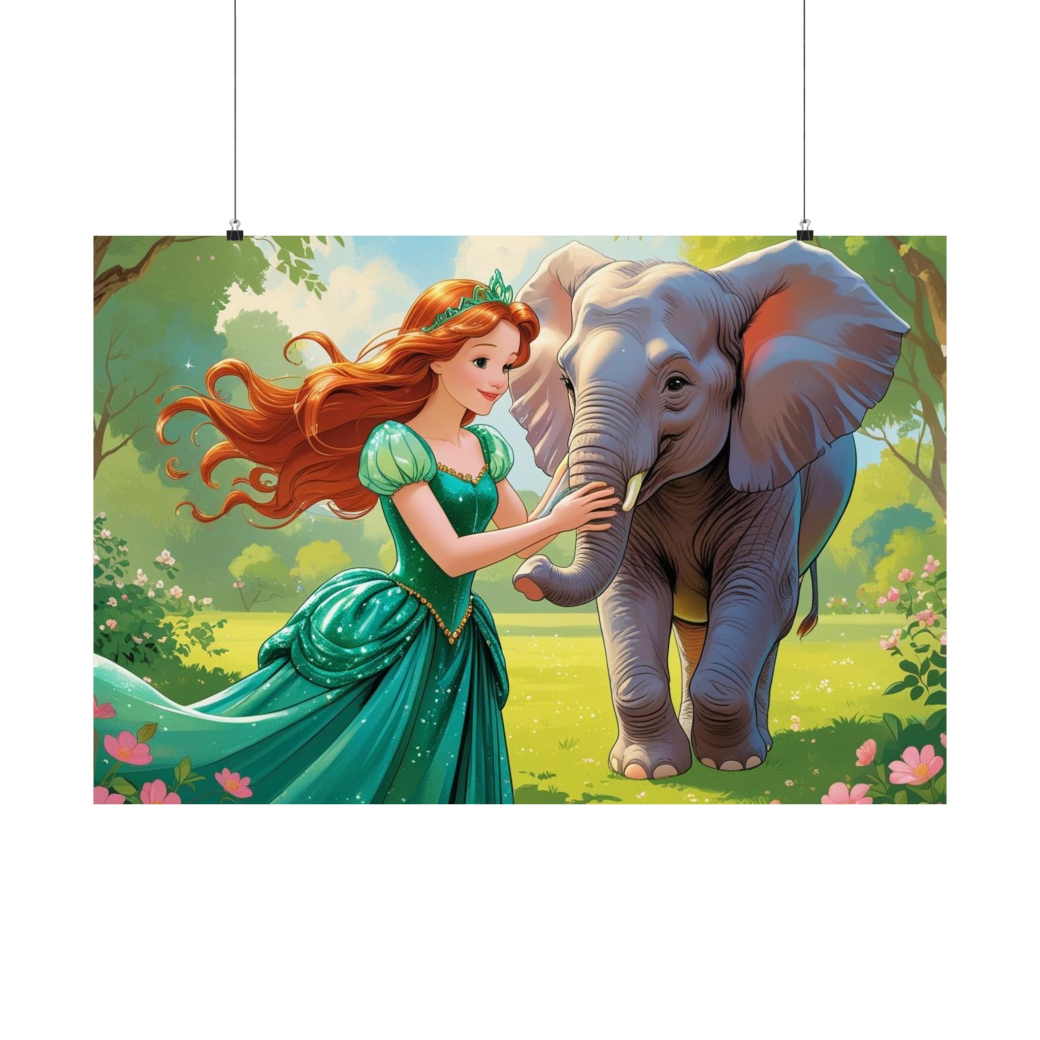 Zauberhafte Satinposter fürs Kinderzimmer, skurrile Wandkunst, Prinzessin mit ein Elefant auf die Wiese