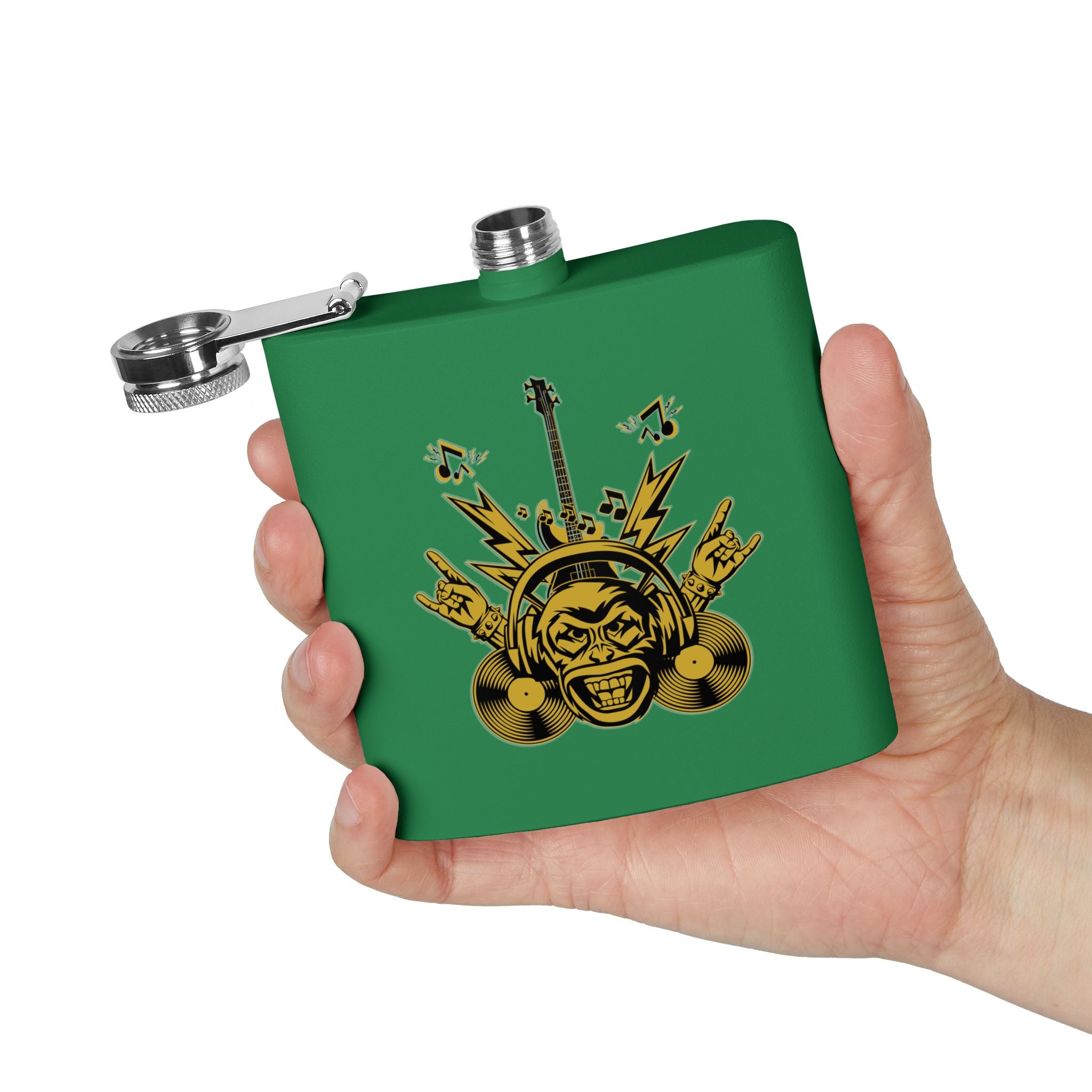 Rockin' Music Lover's Flachmann - 6oz Edelstahl-Flachmann grün in der Hand