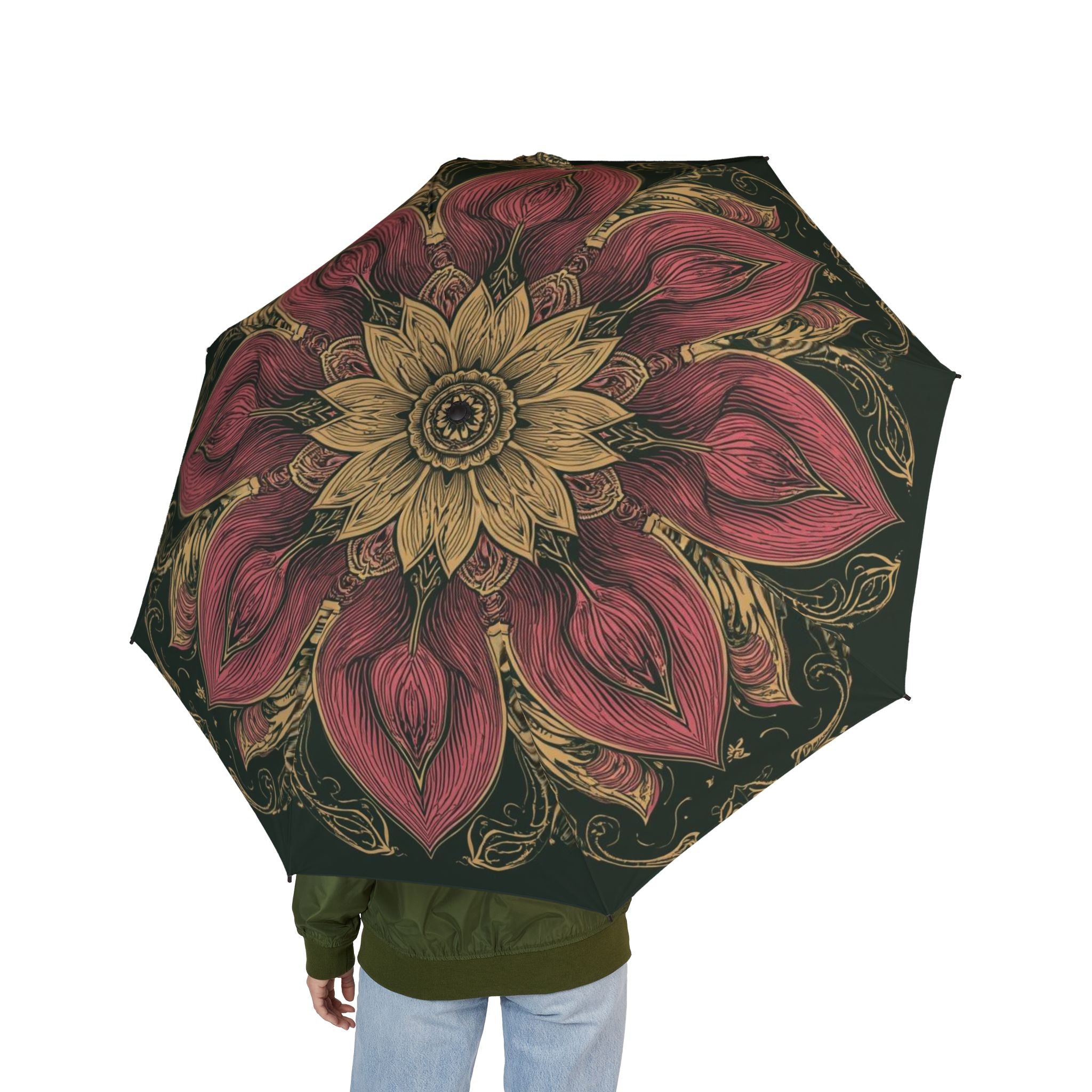 Schicker Regenschirm mit Blumenmuster – elegantes halbautomatisches Faltdesign