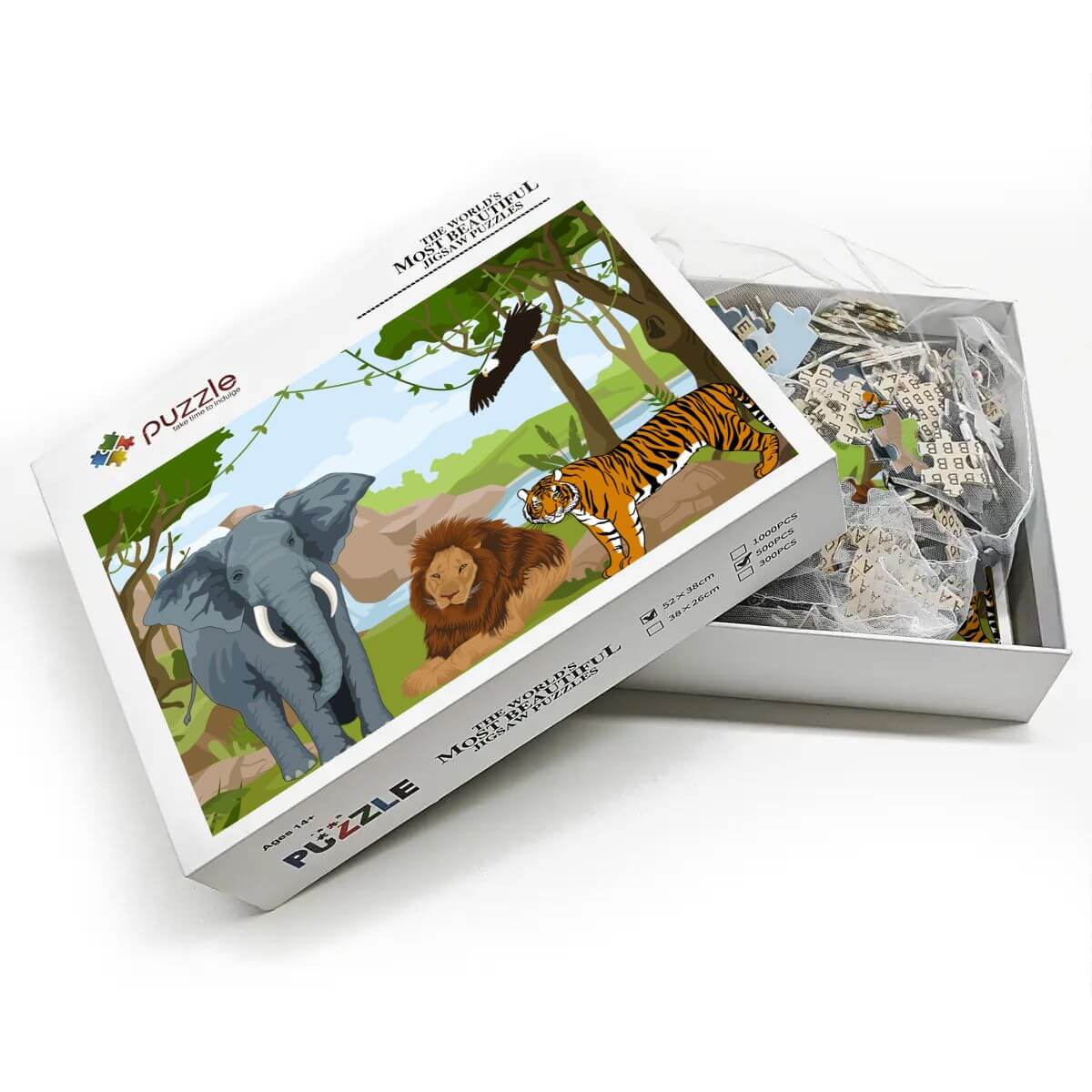 500-teiliges Holzpuzzle (horizontal) mit Detailansicht der Tiere auf der Verpackung.