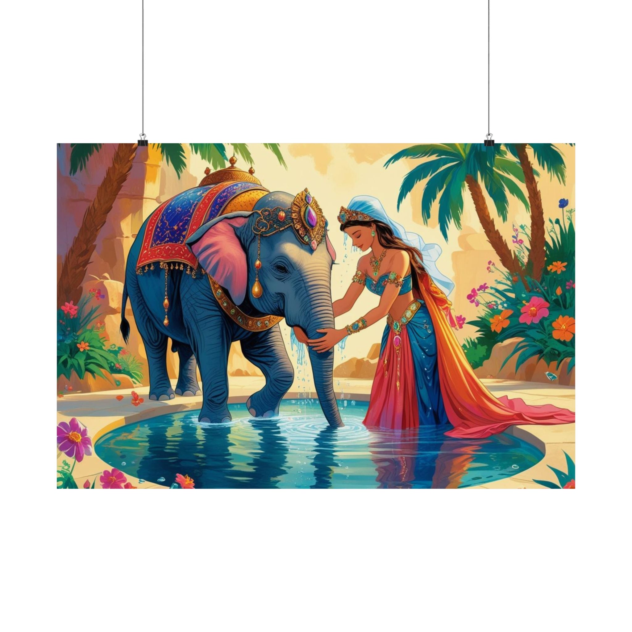 Elefant Oasis Satin Poster, Exotische Wandkunst, Tropisches Wohndekor
