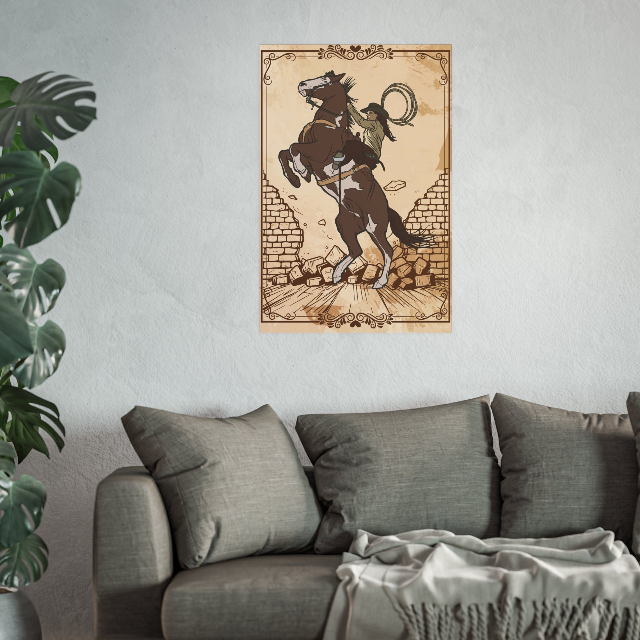Rustikaler Pferde Kunstdruck, Vintage Pferde Poster in Beige über das Sofa