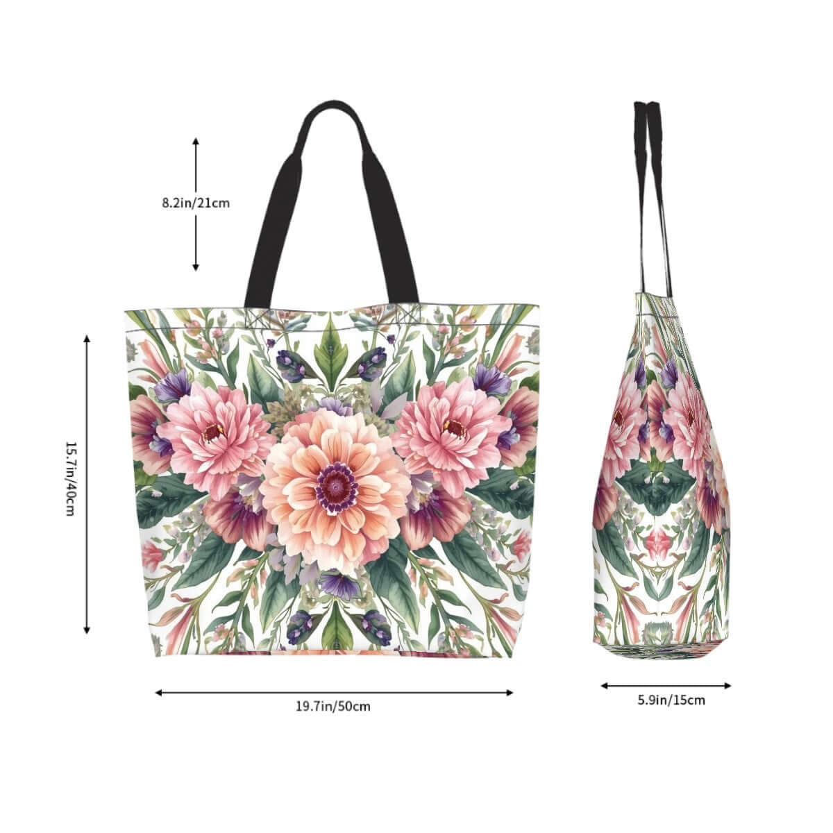 Große Schultertasche für Damen mit floralem Design, 100 % Polyester, 19,7x15,7x5,9 Zoll, Sublimationsdruck, wasserabweisend, einseitig bedruckt.