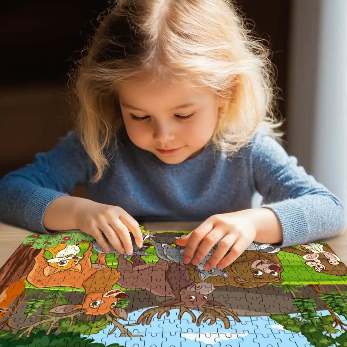 Mädchen löst ein 500-teiliges Holzpuzzle (horizontal) mit Tiermotiven auf einem Tisch.