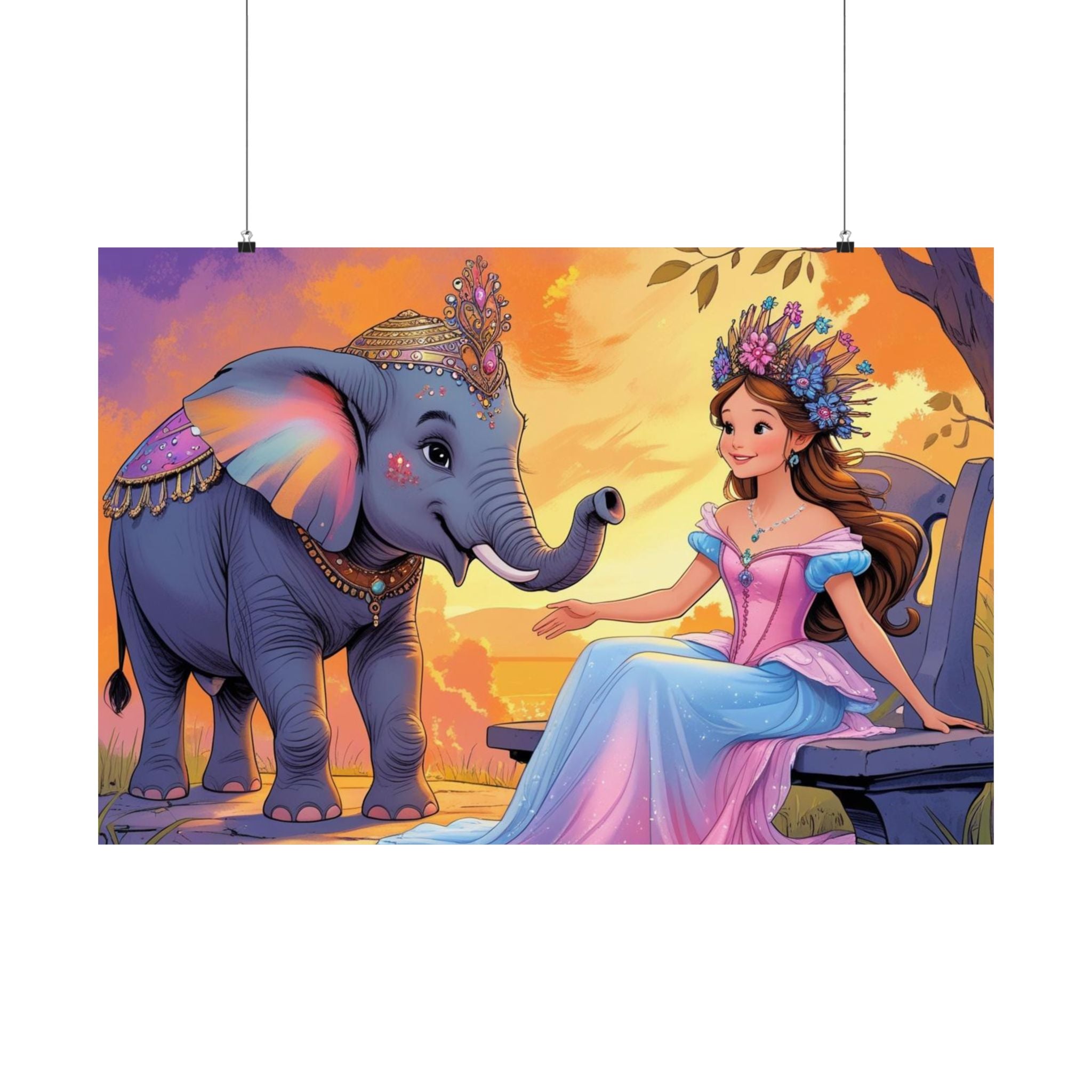 Skurriler Wandkunstdruck, Satinposter für das Kinderzimmer mit einer Prinzessin und ein Elefant