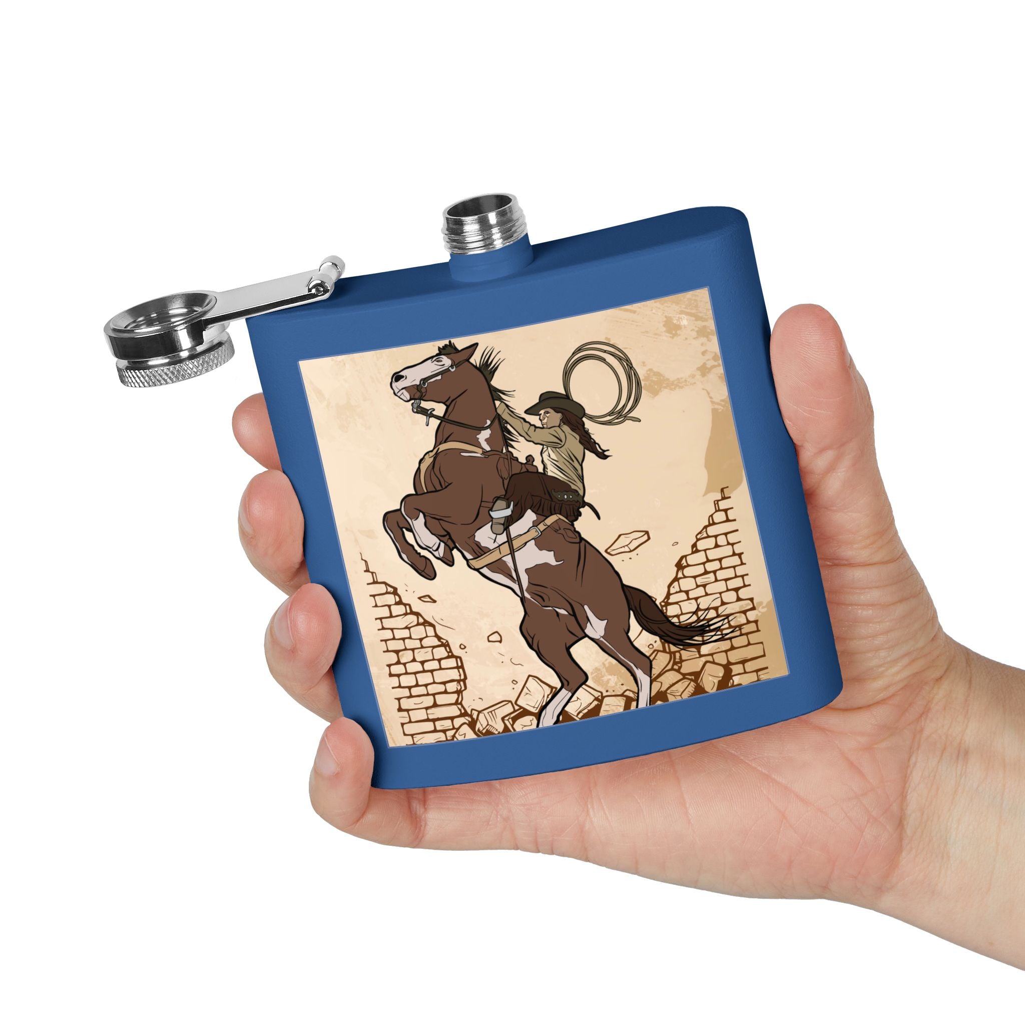 Edelstahl-Flachmann mit Cowboy-Motiv Trinkgefäß für Abenteurer blau in der Hand