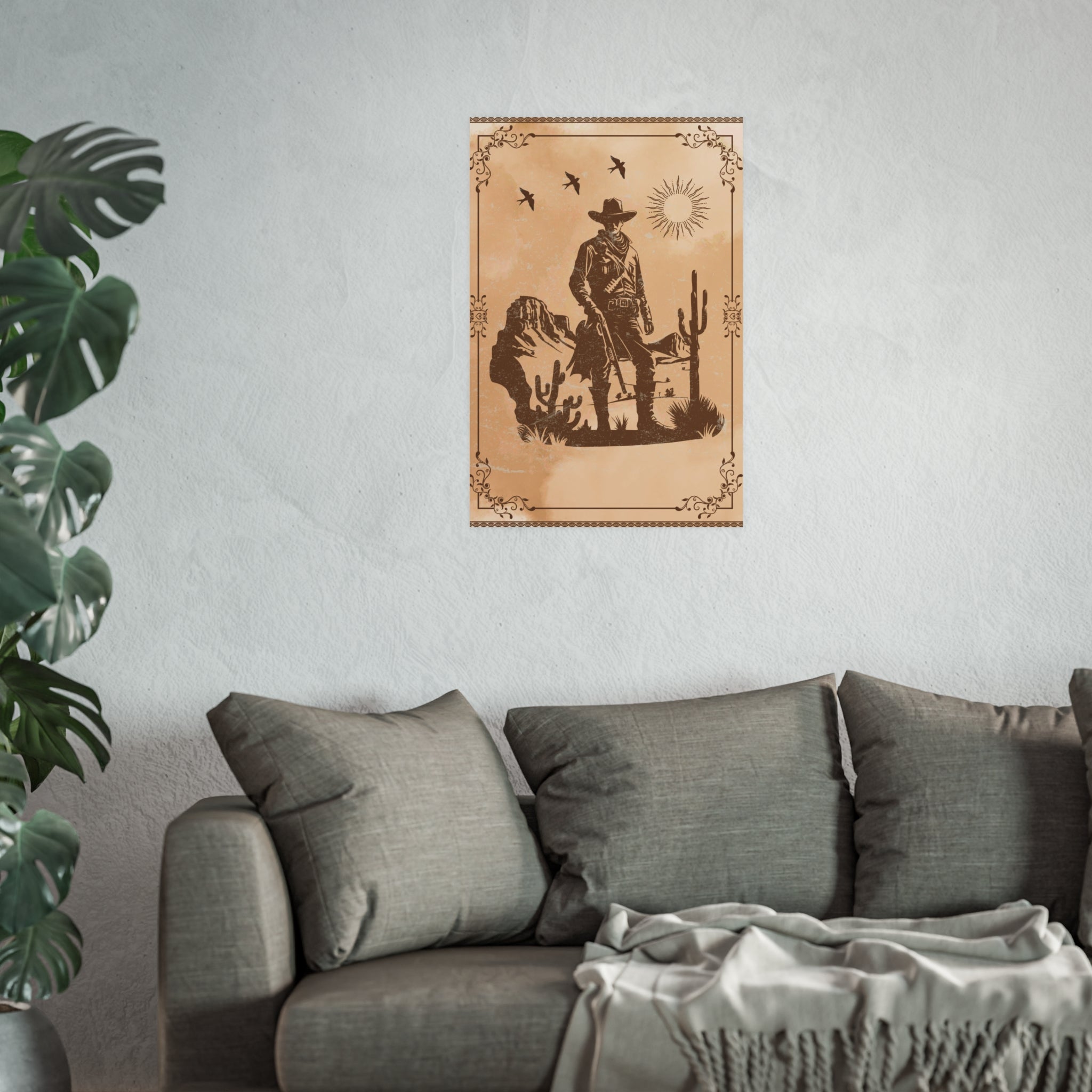 Poster - Cowboy-Schatten auf alt-rusitikalischer braunem Prärie-Hintergrund