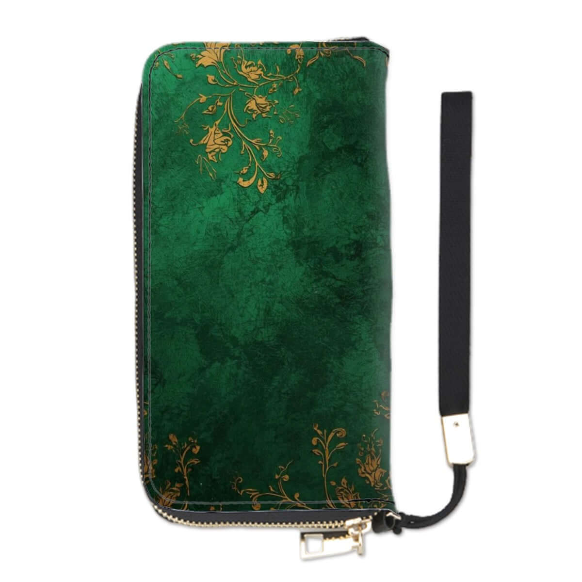 Clutch Wallet for Women in green PU with floral design, large capacity, multiple card slots, suitable for cash, coins, and mobile phone.