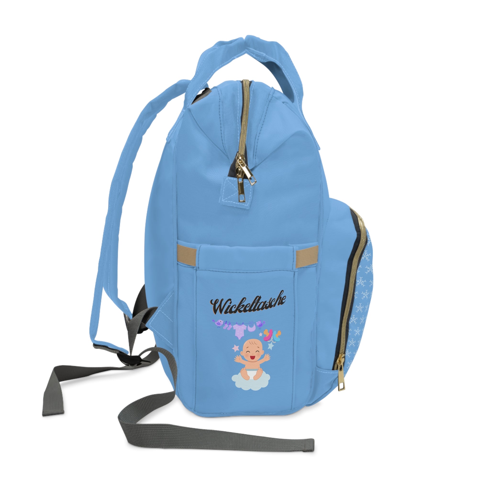 Stylischer multifunktionaler Wickelrucksack für moderne Eltern Hellblau Seite mit Taschen