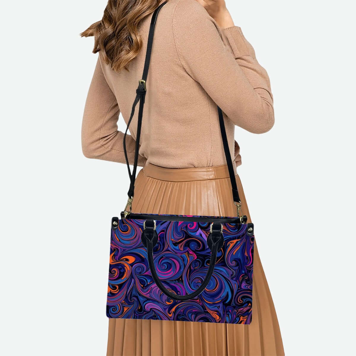 PU-Tragetasche für Damen mit buntem Musterdesign, schwarzem Griff und Reißverschluss, Aufbewahrungsbeutel-Set (2 Stück) aus hochwertigem PU