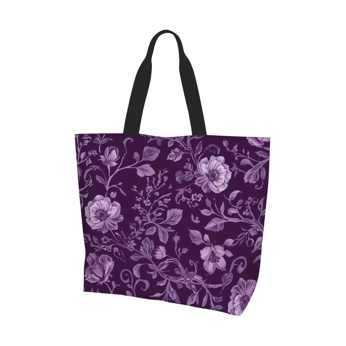 Große Schultertasche für Damen mit lila Blumenmuster, 100 % Polyester, 19,7"x15,7"x5,9", einseitiger Sublimationsdruck, geräumige Haupttasche.