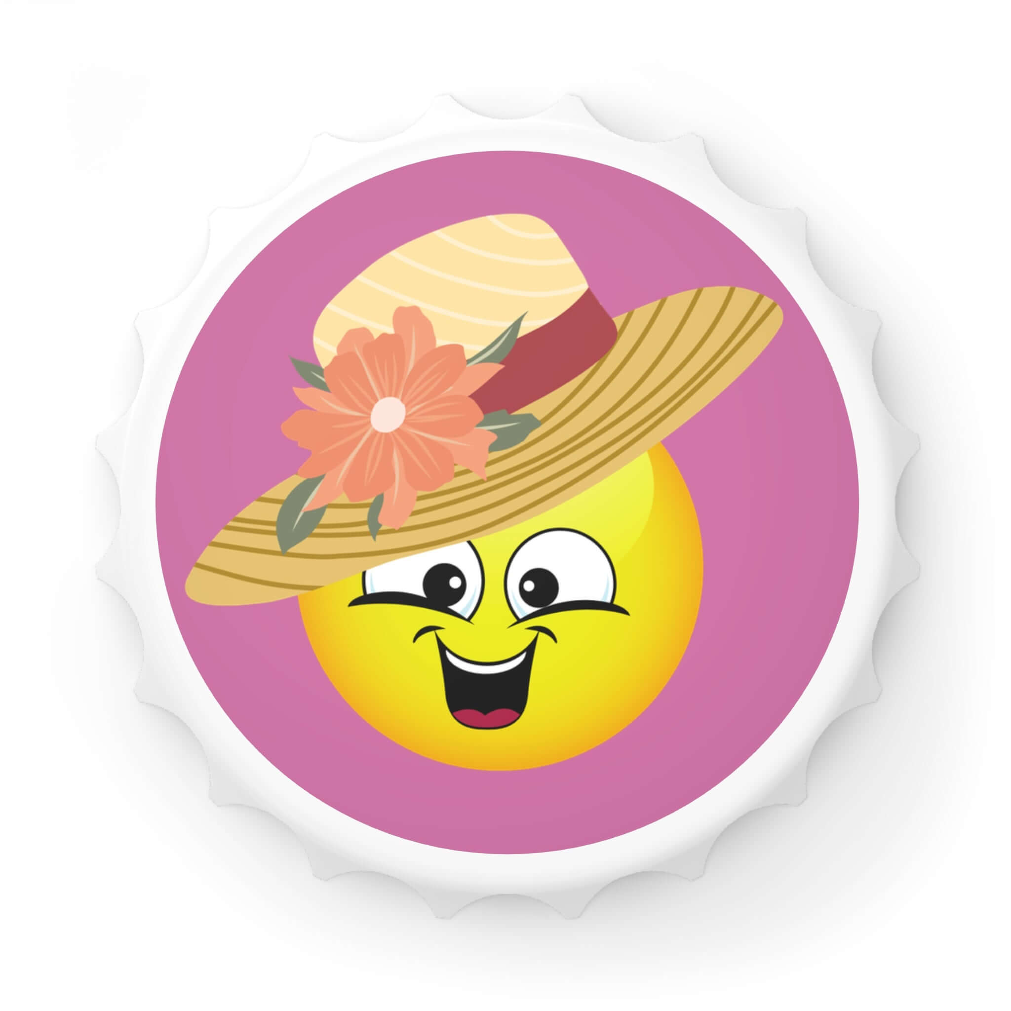 Flaschenöffner mit Smiley-Sonnenhut – Magnetisch Ein Flaschenöffner, der nicht nur praktisch ist, sondern auch für gute Laune sorgt. Mit dem fröhlichen Smiley im Sonnenhut-Design wird er zum witzigen Accessoire für jede Gelegenheit. Design: Smiley mit So