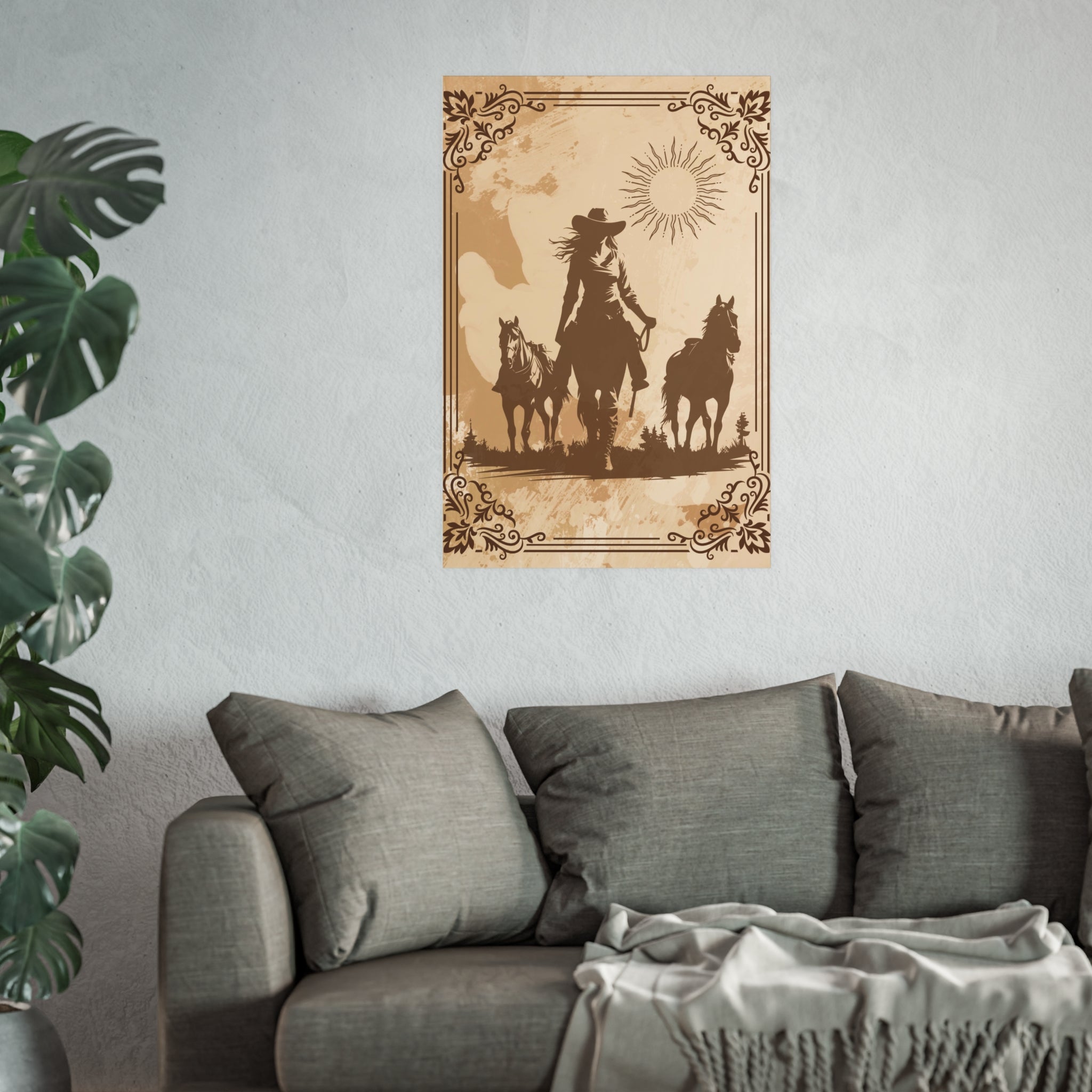 Poster - Dame mit zwei Pferden im braun-schwarzen Schattenhintergrund über den Sofa