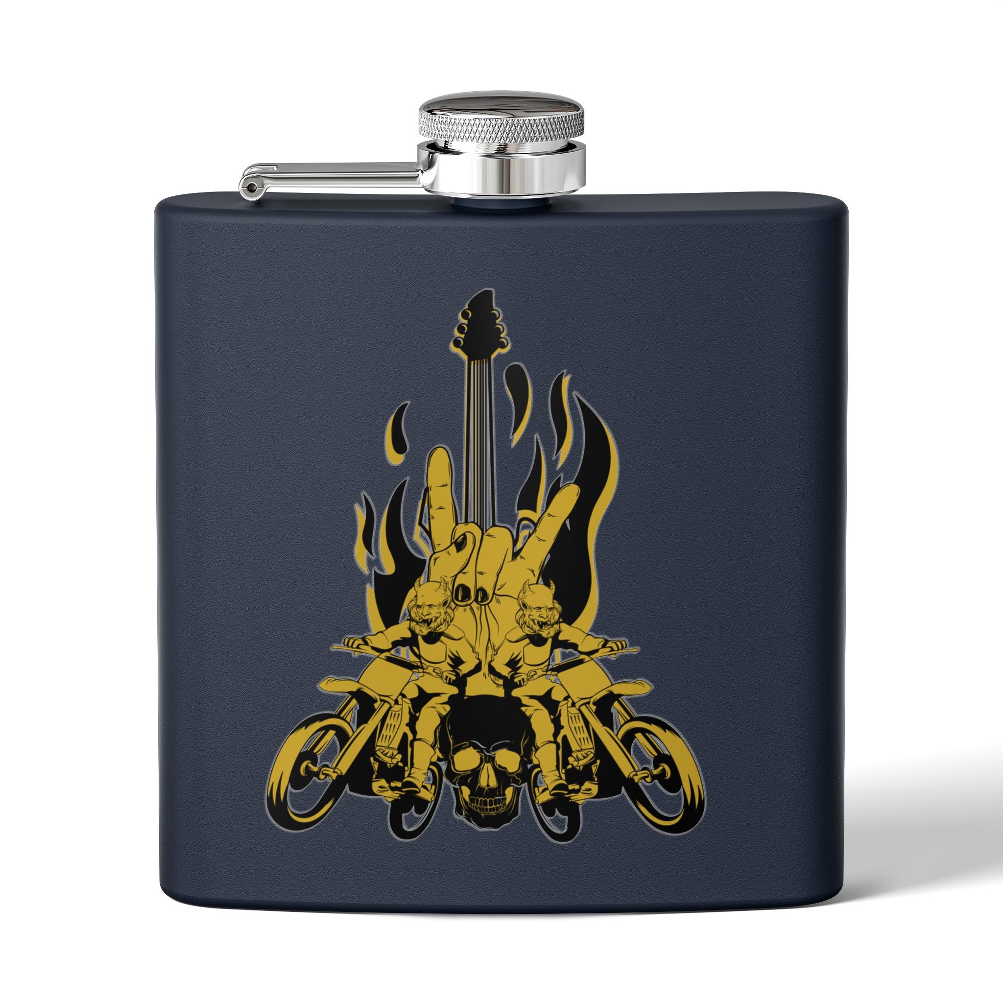 Edelstahl-Flachmann mit Rock 'n' Roll-Motiv Totenkopf- und Gitarren-Design      dunkelblau