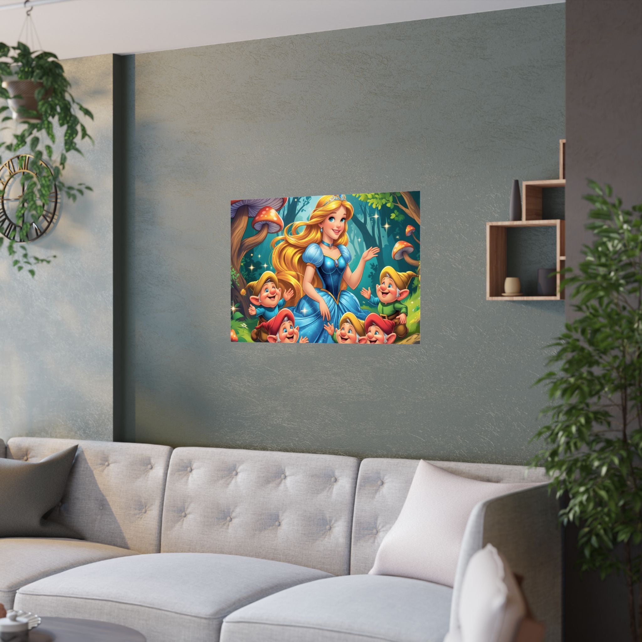 Wunderliche Satinposter für Kinderzimmer, Prinzessinnen-Dekor mit Zwerge über das Sofa