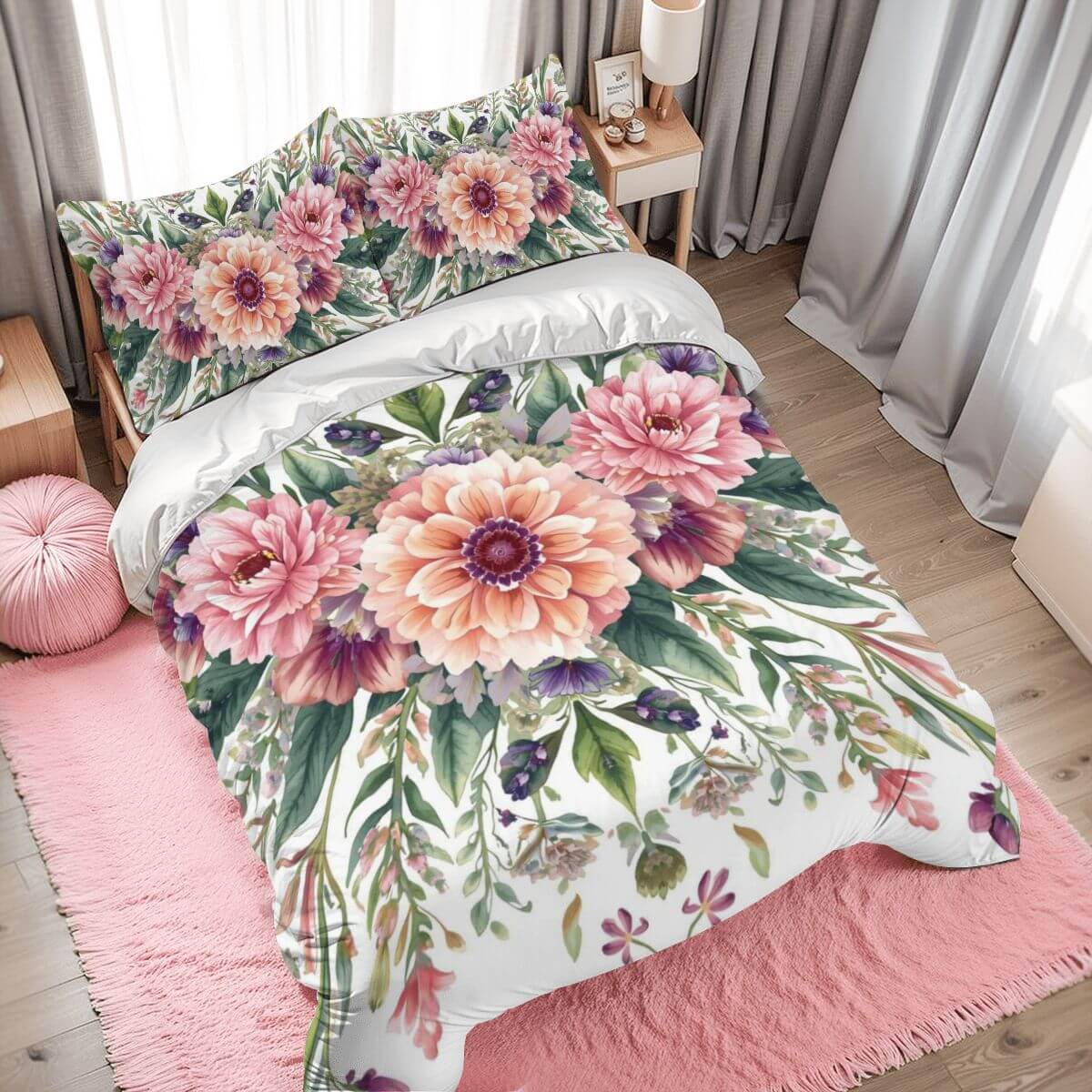 Full Duvet Cover Set with floral design, featuring high-quality polyester, 80"x90" duvet and 30"x20" pillowcases, sublimation printed.