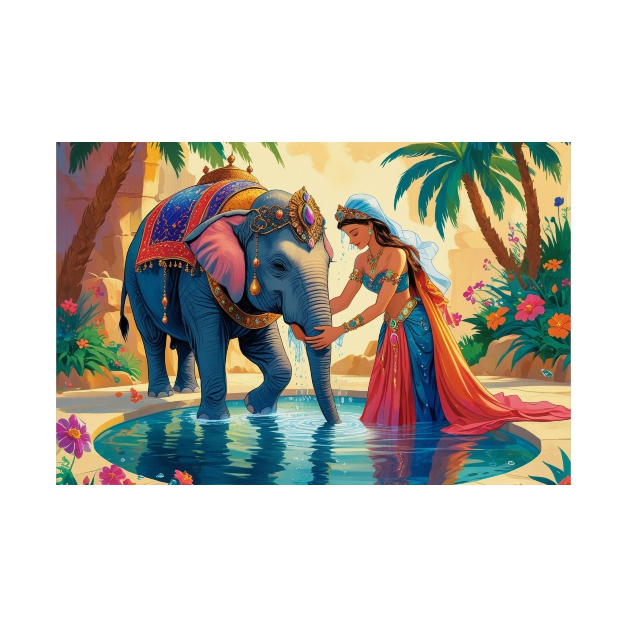 Elefant Oasis Satin Poster, Exotische Wandkunst, Tropisches Wohndekor