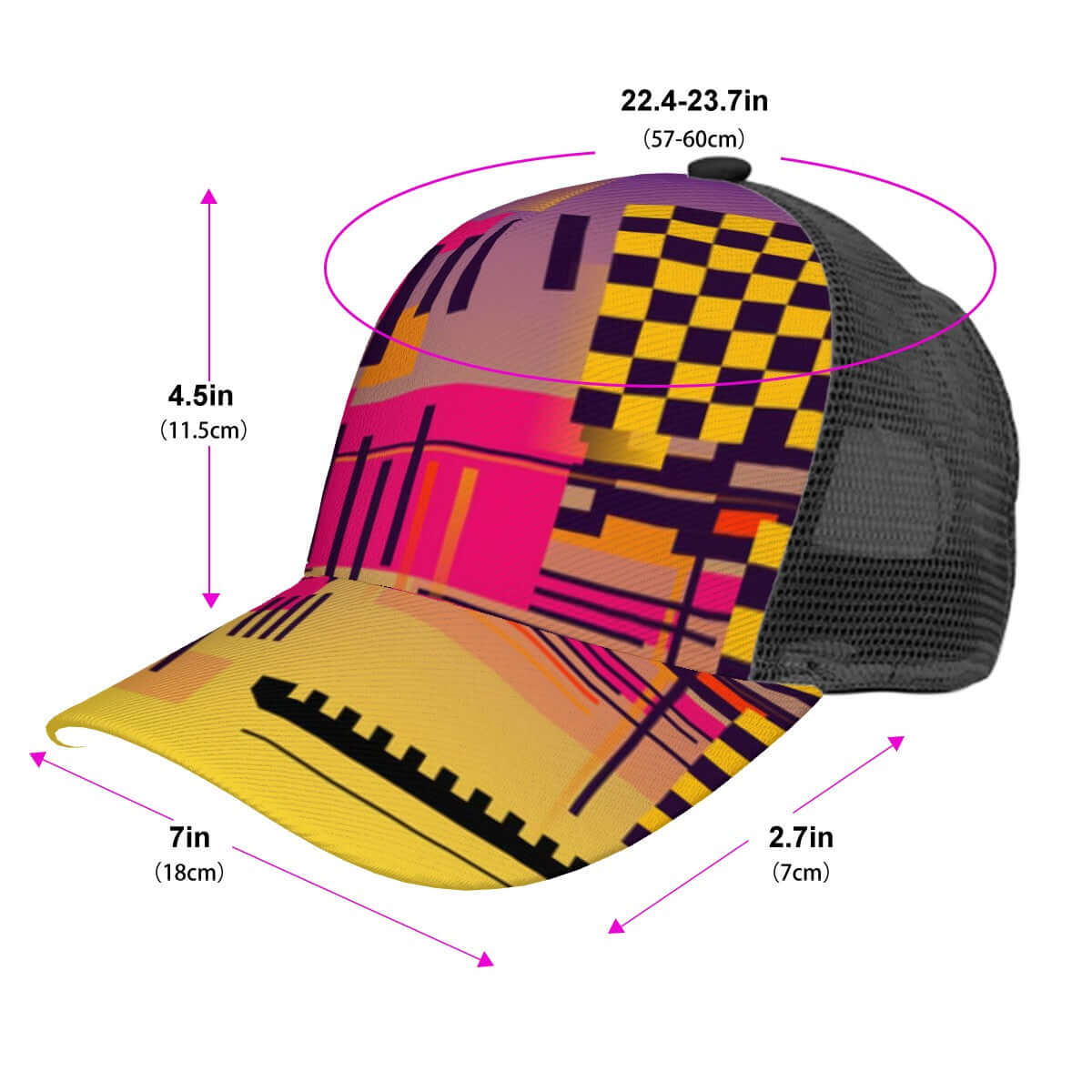 Baseballkappe mit Mesh-Einsatz mit buntem Grafikdesign, Polyester-Twill-Stoff, Sublimationsdruck, atmungsaktiver Gitterstoff hinten