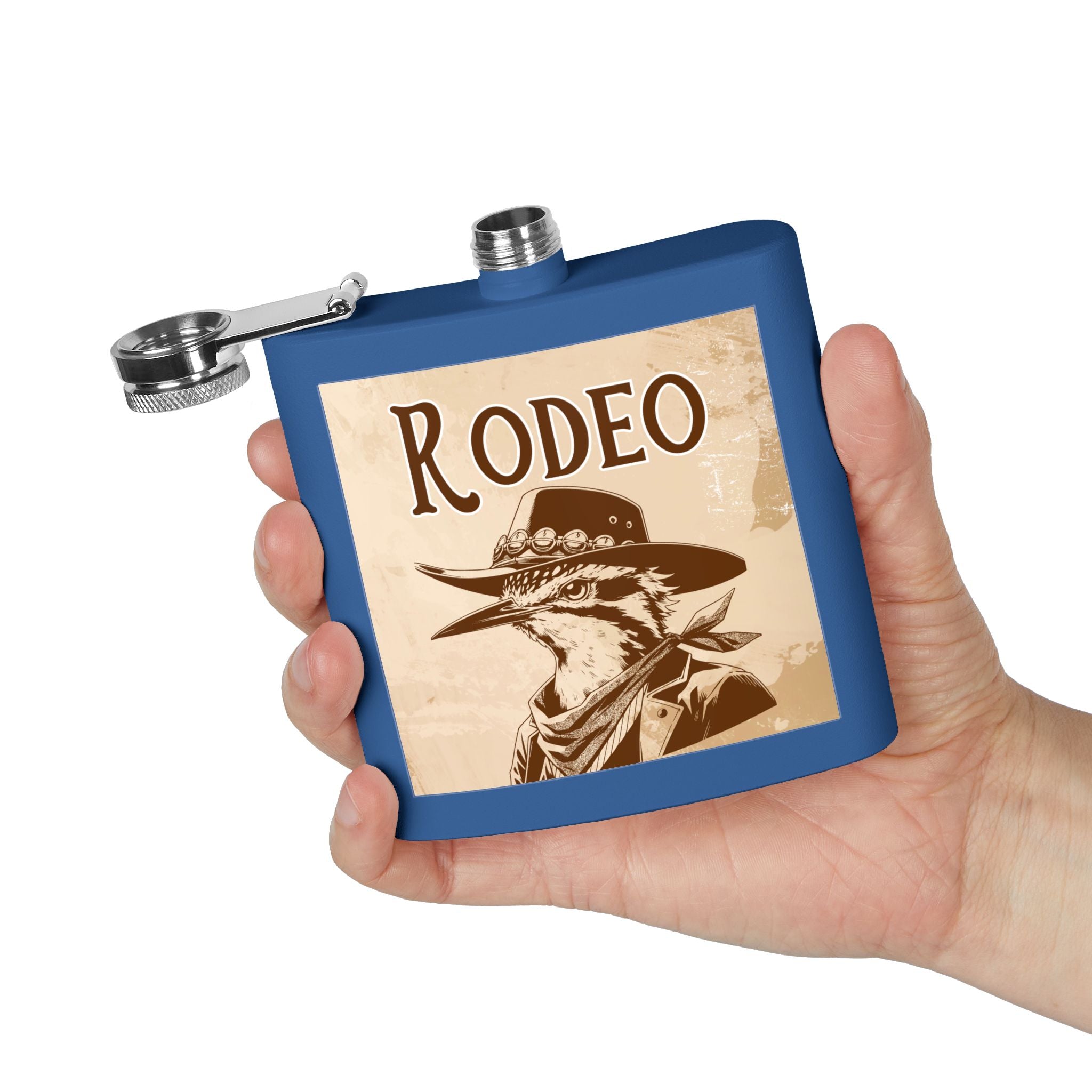 Rodeo-Flachmann aus Edelstahl Cowboy-Geschenk blau in der Hand