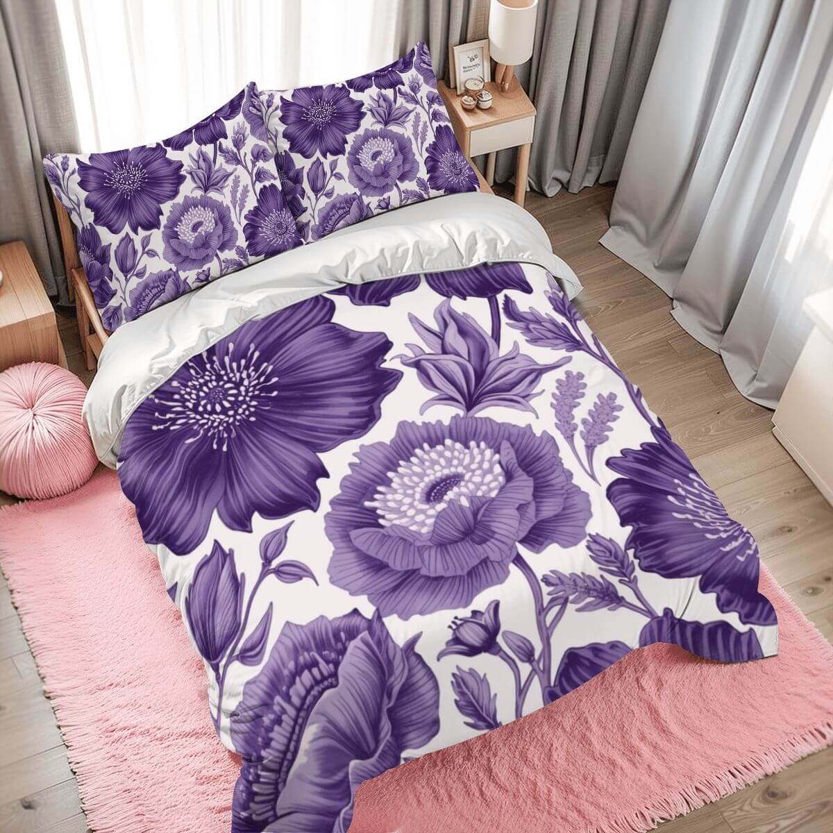 Komplettes Bettwäscheset mit floralem Design in Lila, 90GSM Polyester Bettbezug 80x90, Kissenbezüge 30x20, auf rosa Teppich