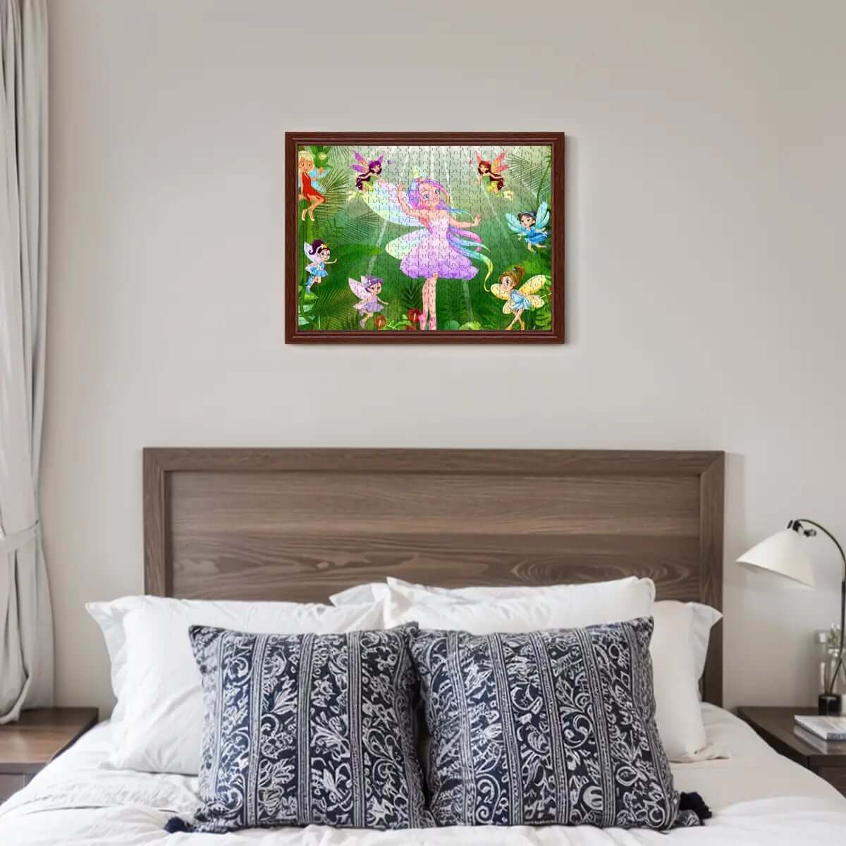 Framed fairy puzzle art in bedroom decor, showcasing vibrant colors and magical theme above modern headboard with patterned pillows.