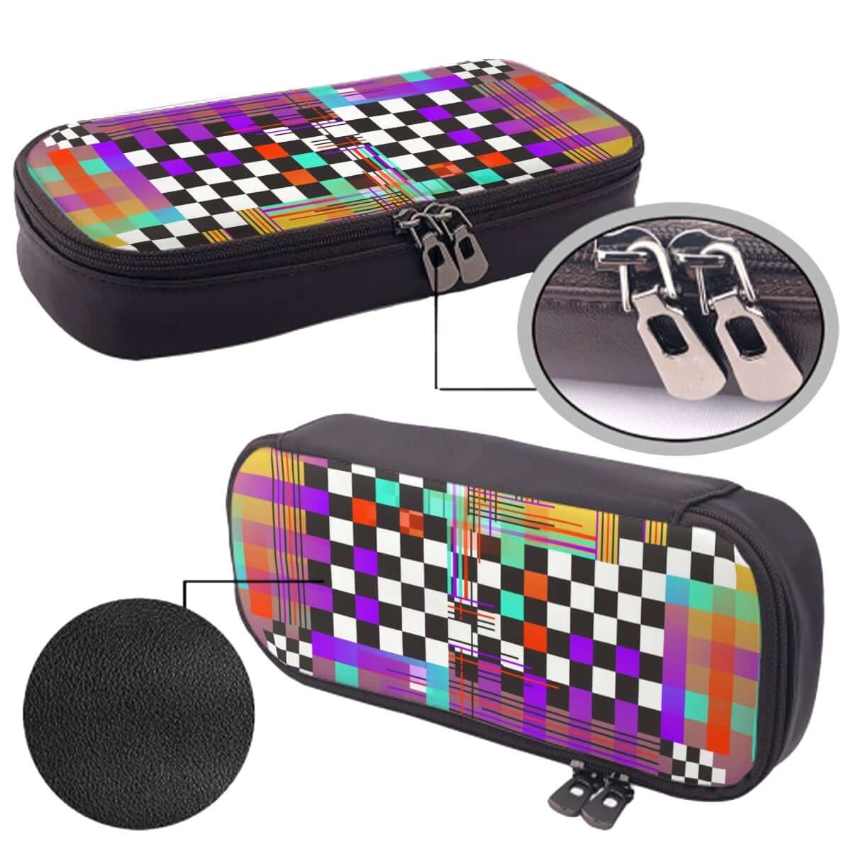 Vertikales Federmäppchen aus Leder mit Klappdeckel in buntem Design und hochwertigen Reißverschlüssen.