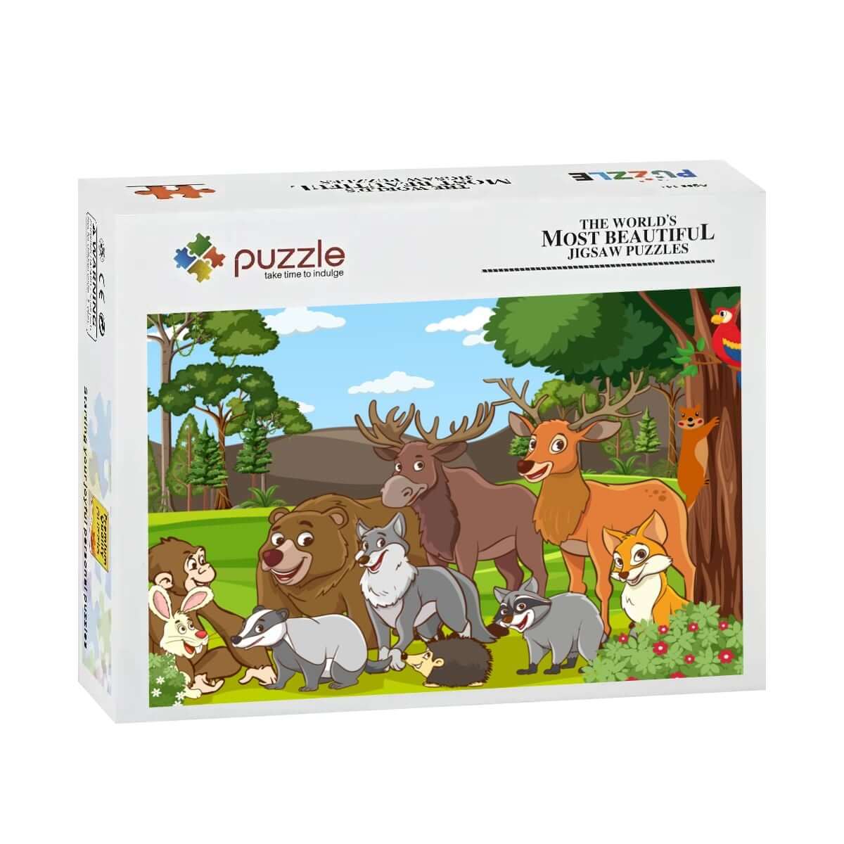 500-teiliges Holzpuzzle (horizontal) mit bunten Tierillustrationen in einer Naturkulisse.
