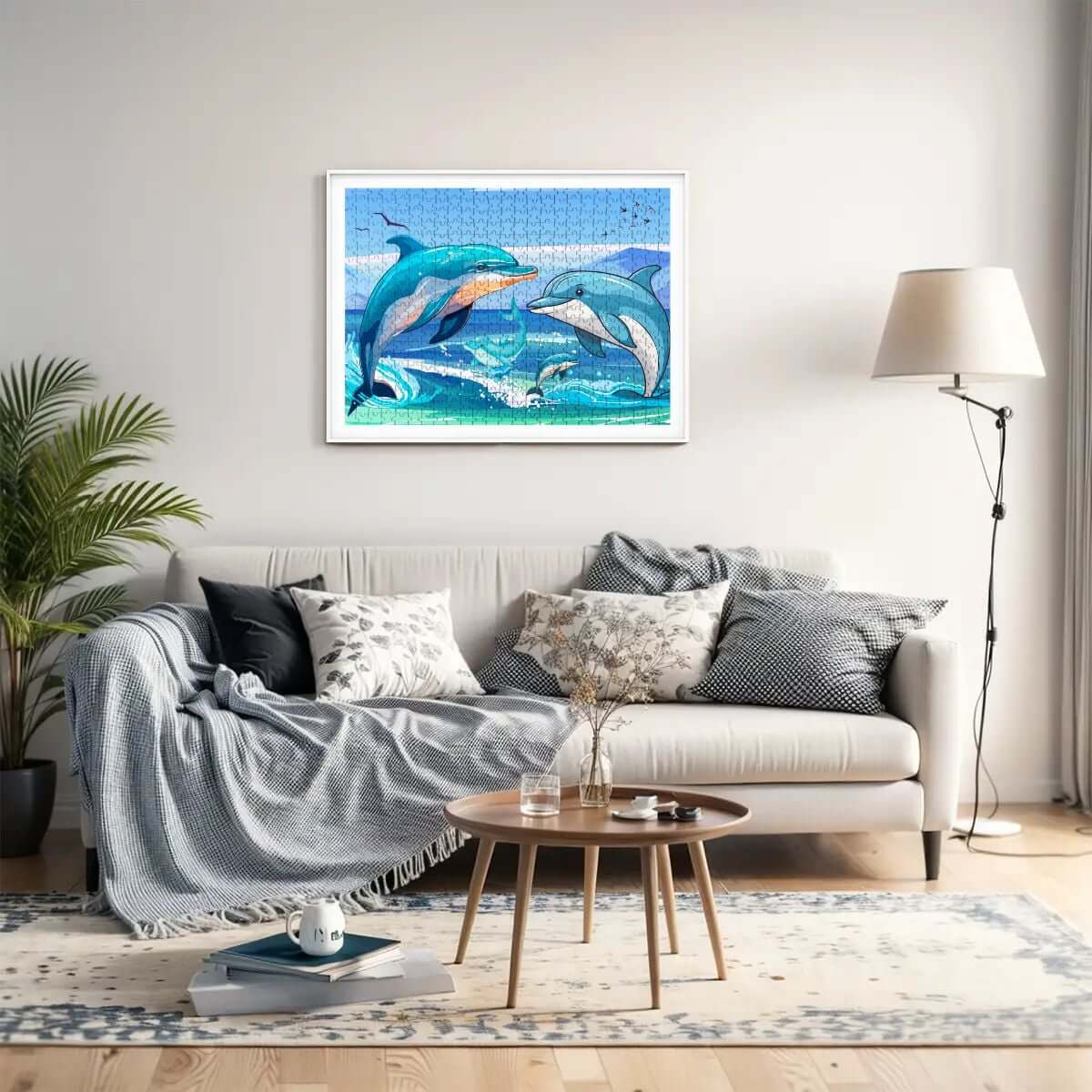 500-teiliges Holzpuzzle (horizontal) mit Delfinmotiv in modernem Wohnraum, gemütliches Sofa und Dekoration.