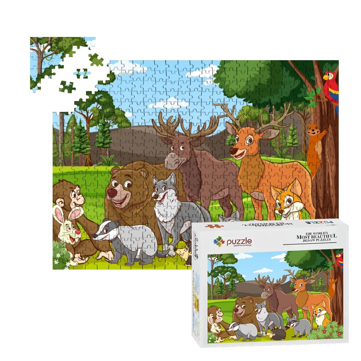 500-teiliges Holzpuzzle (horizontal) mit verschiedenen Tieren in einer bunten Waldszene und Puzzleverpackung.