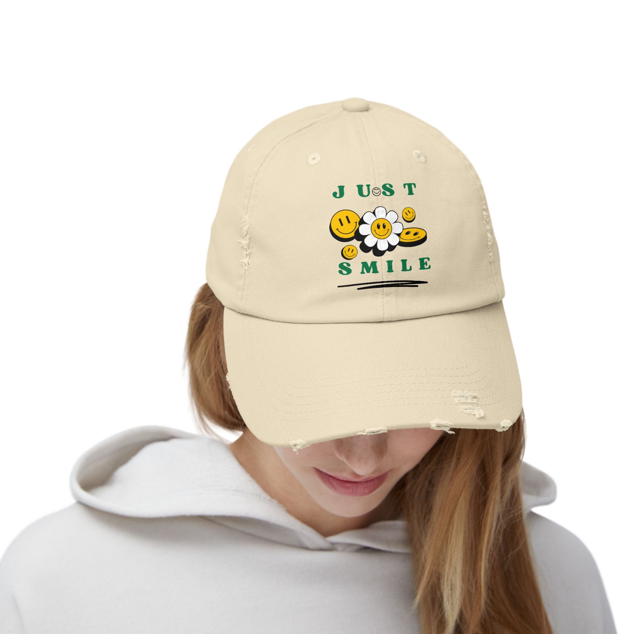 Unisex Distressed Cap mit ein Smile Design auf den Kopf