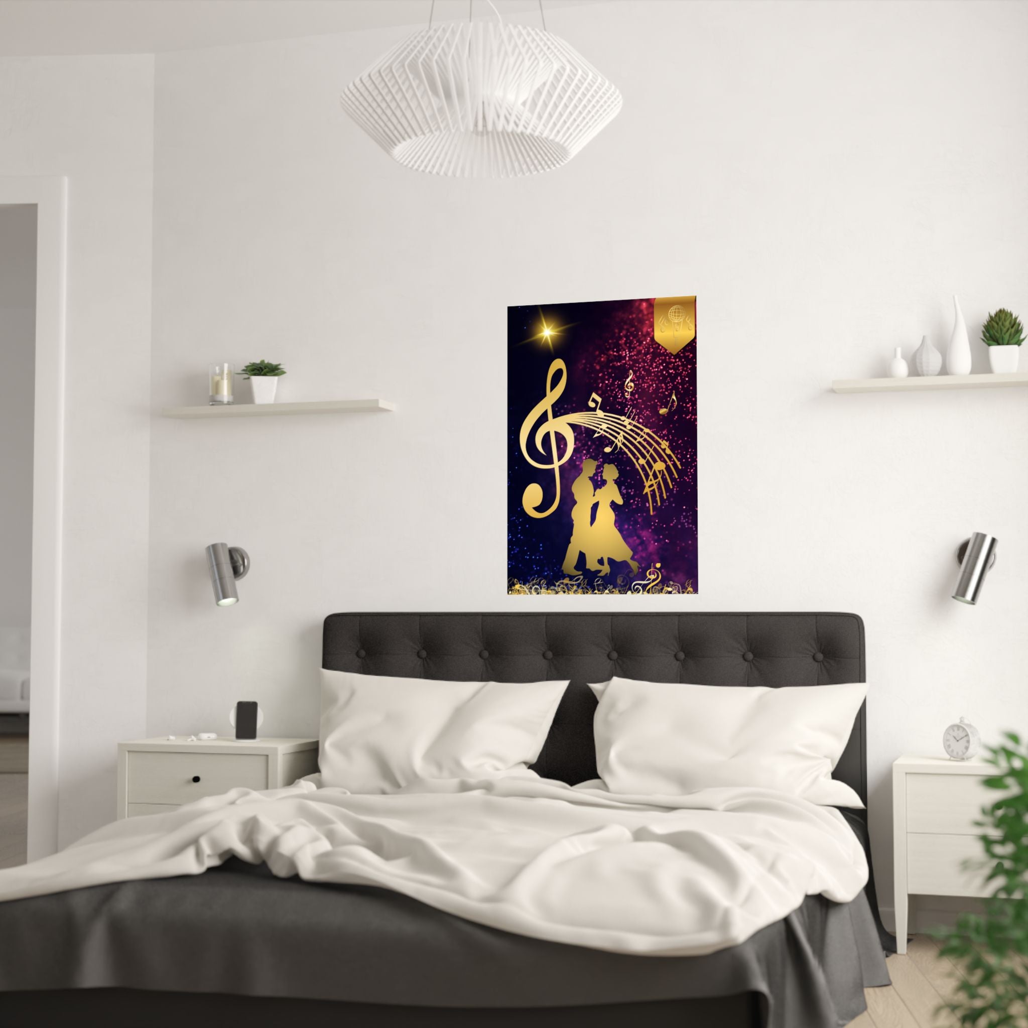 Elegantes Satin-Poster mit Musikthema, romantische Wandkunst mit Goldenes Design hängt über das Bett