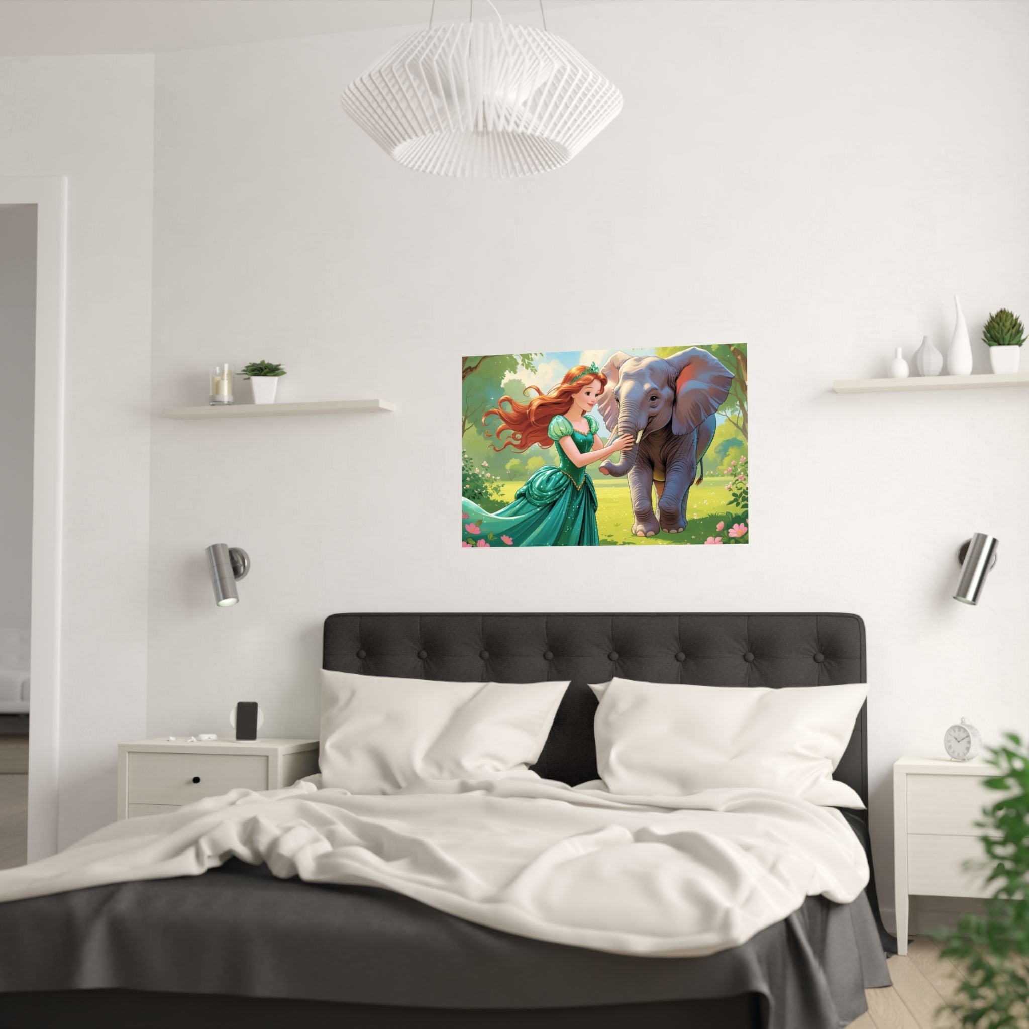 Zauberhafte Satinposter fürs Kinderzimmer, skurrile Wandkunst, Prinzessin mit ein Elefant auf die Wiese hängt über das Bett