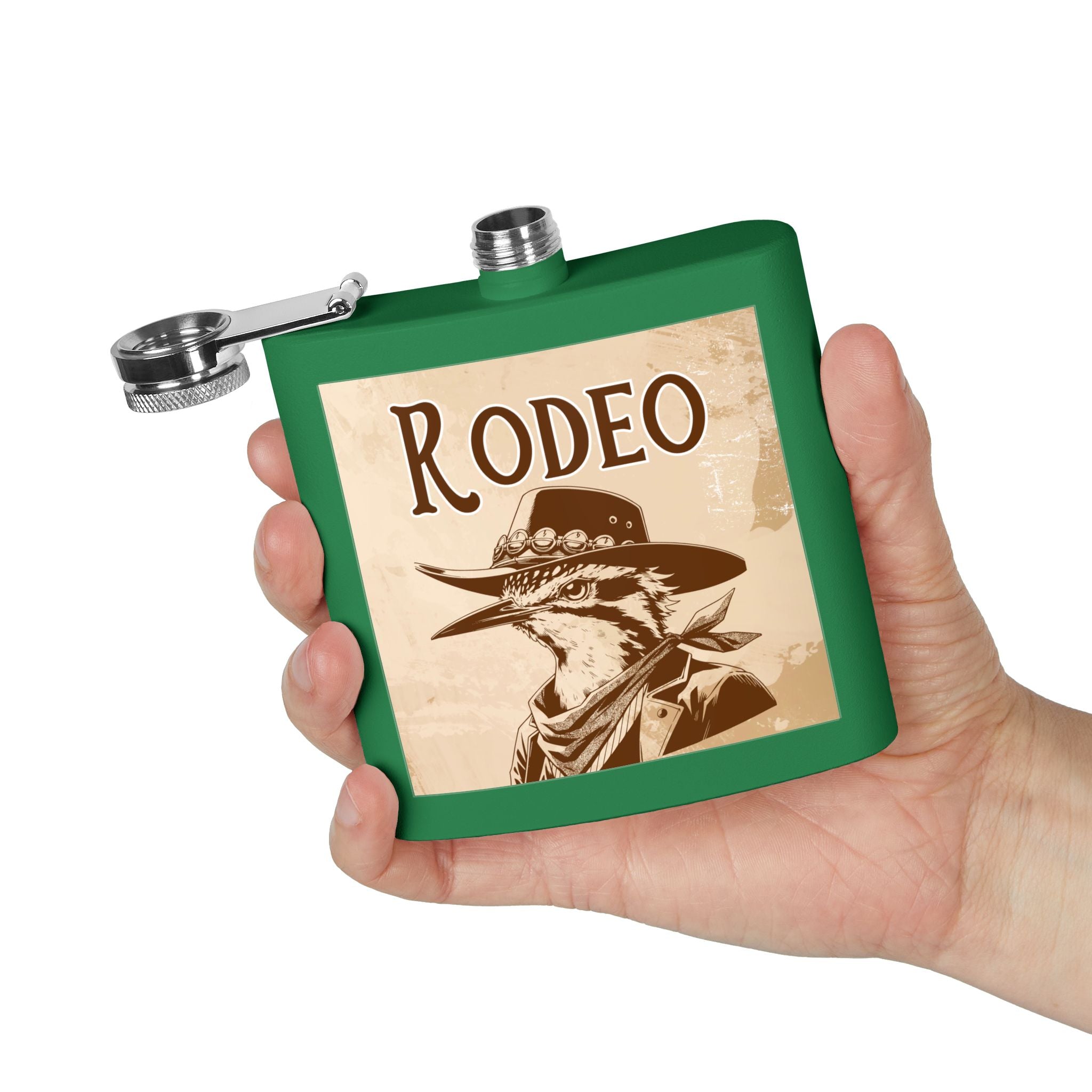 Rodeo-Flachmann aus Edelstahl Cowboy-Geschenk grün  in der Hand