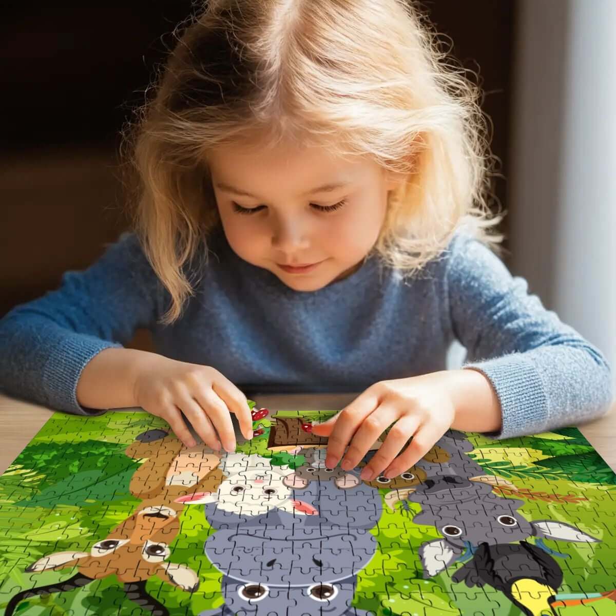 Mädchen puzzelt mit einem 500-teiliges Holzpuzzle (horizontal) mit Tiermotiven auf einem Tisch.