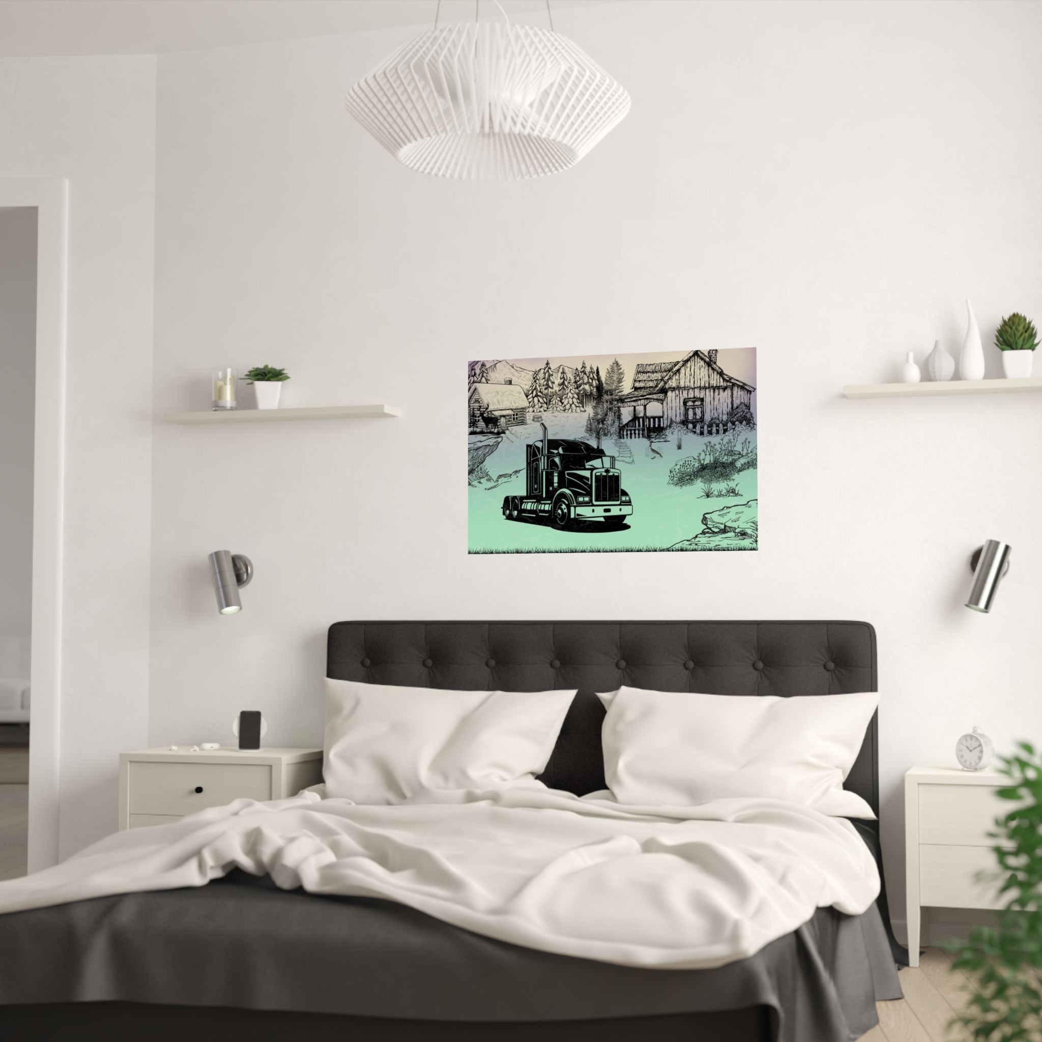 Rustikales Schatten Poster  mit ein Truck Satin über das Bett