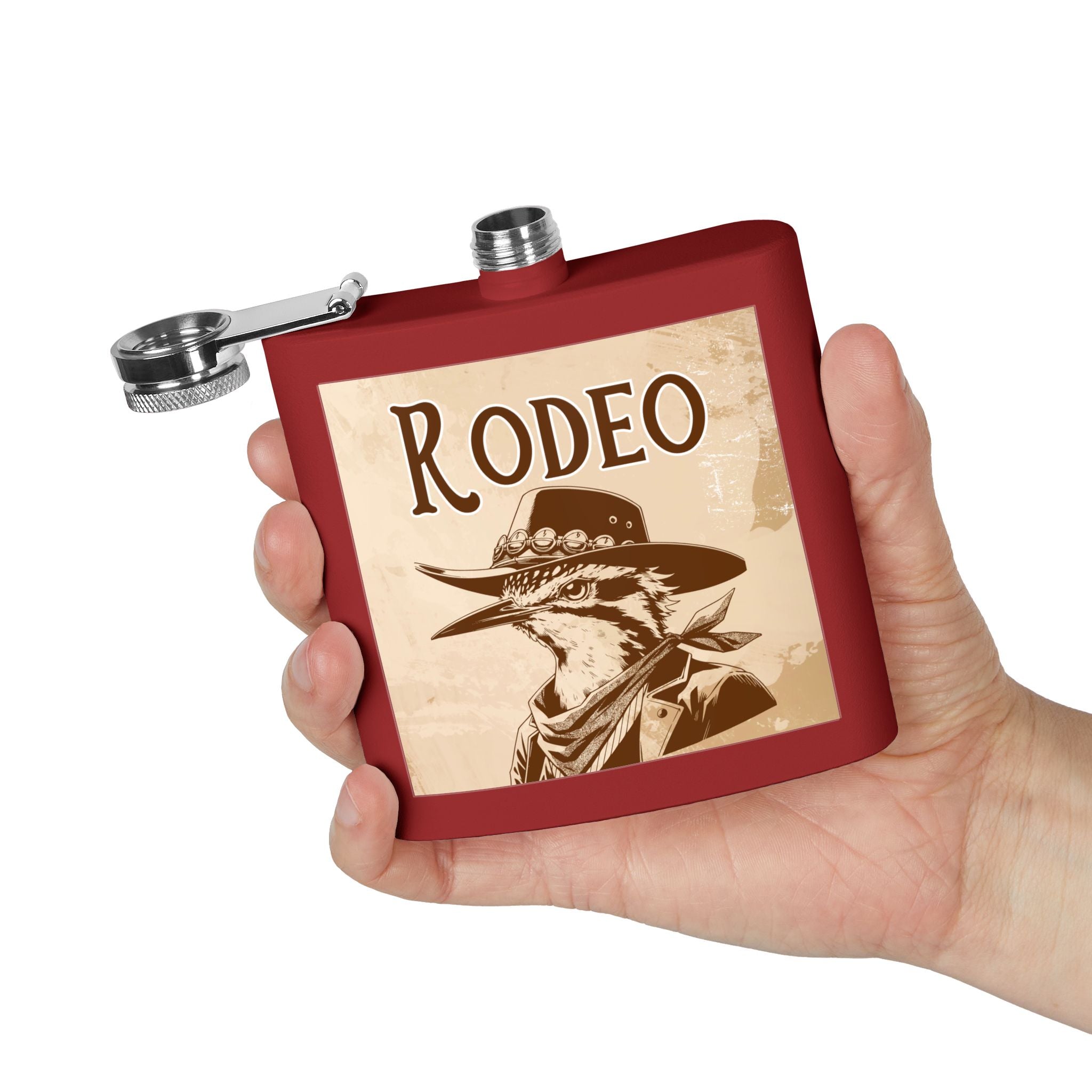 Rodeo-Flachmann aus Edelstahl Cowboy-Geschenk rot in der Hand