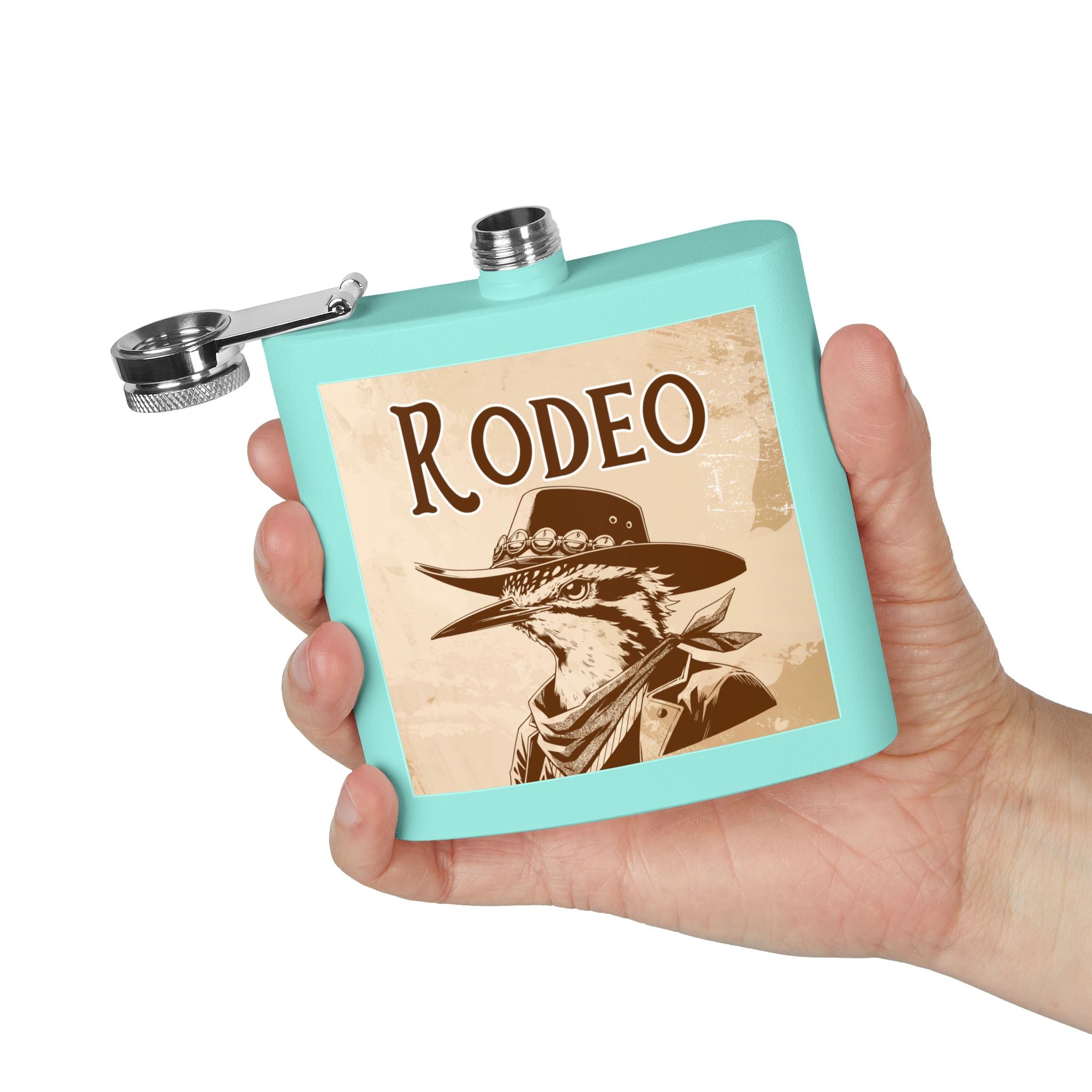 Rodeo-Flachmann aus Edelstahl Cowboy-Geschenk türkis  in der Hand