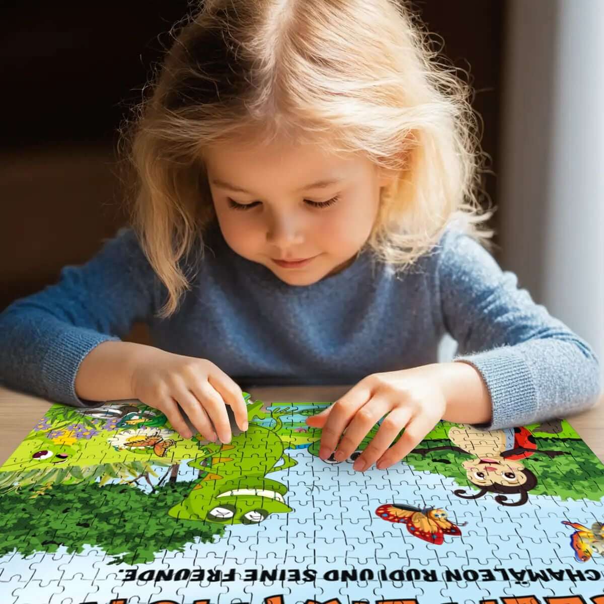 Kind puzzelt 500-teiliges Holzpuzzle (horizontal) aus hochwertigem Lindenholz auf Tisch, gedruckt im UV-Verfahren.
