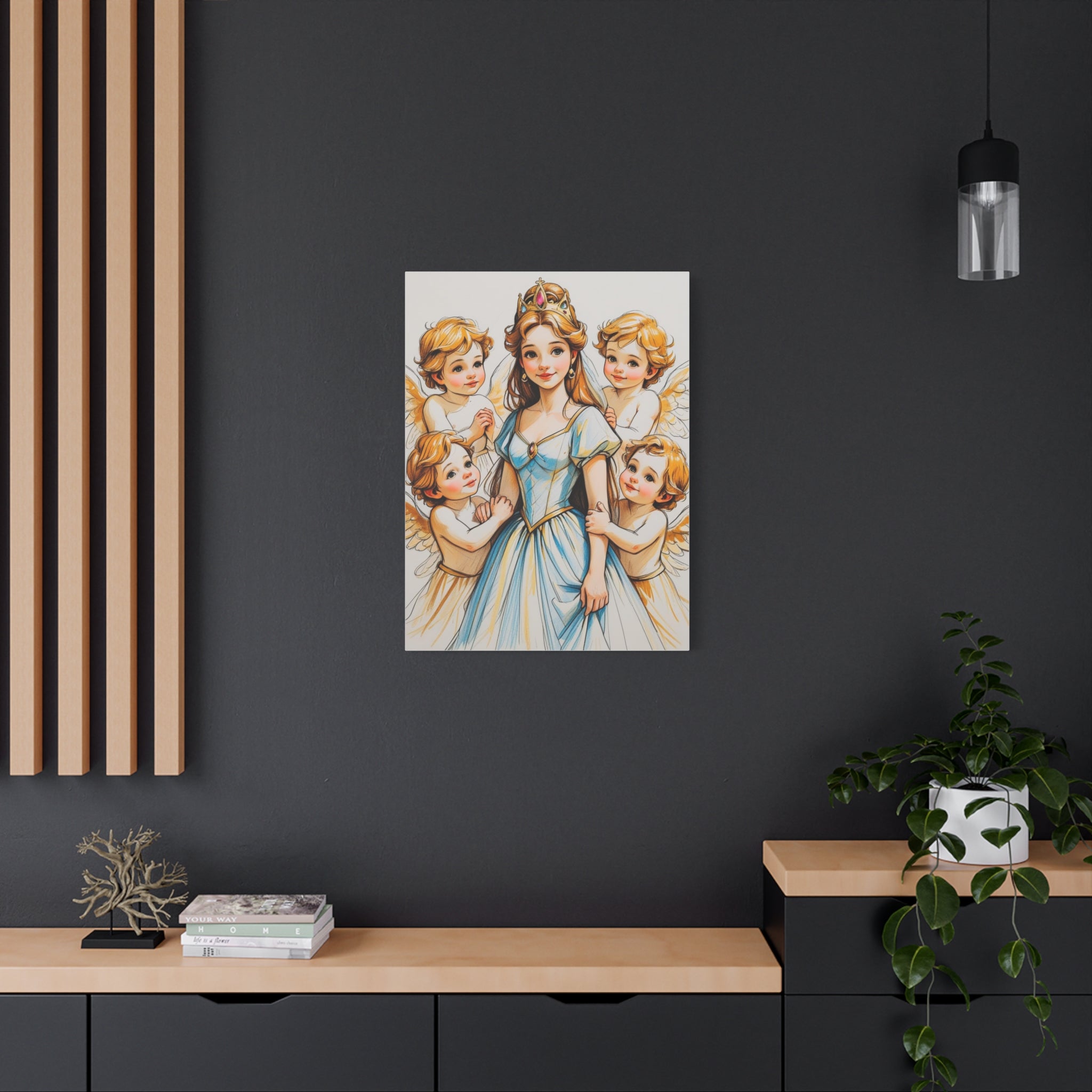 Leinwand Bild  Prinzessin mit kleine Engel in Mal Motiv über die Anrichte
