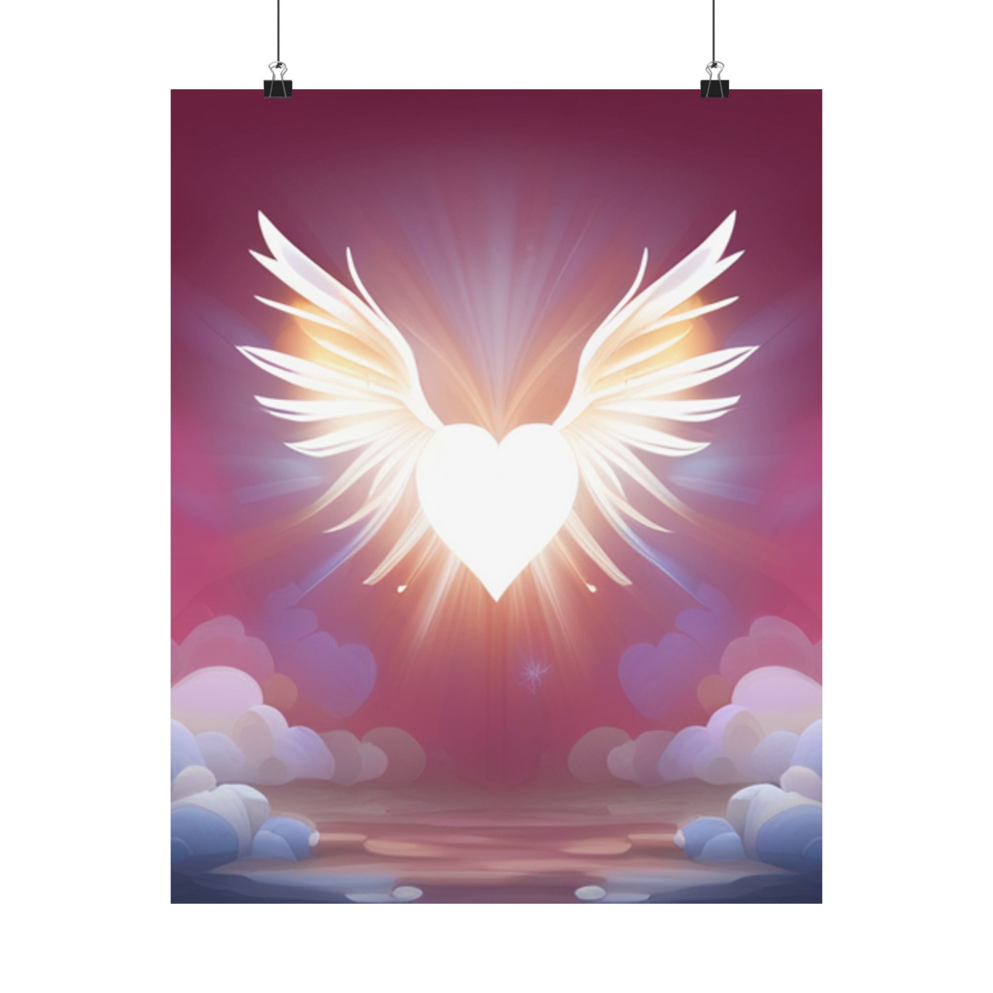 Himmlisches Herz Satin Poster, spiritueller Kunstdruck geflügelter Engel