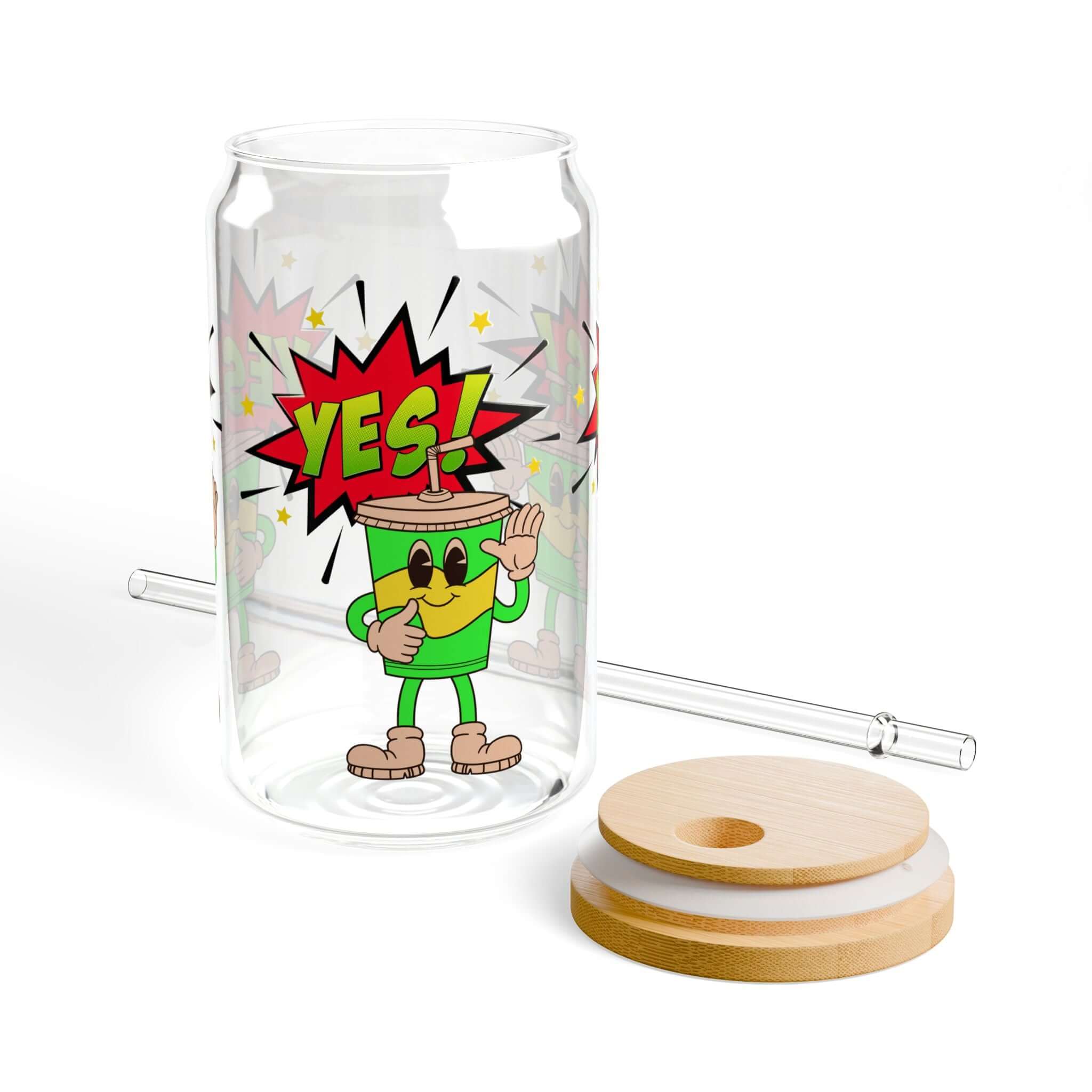 Details für Trinkglas mit Cartoon-Motiv, Bambusdeckel und Strohhalm