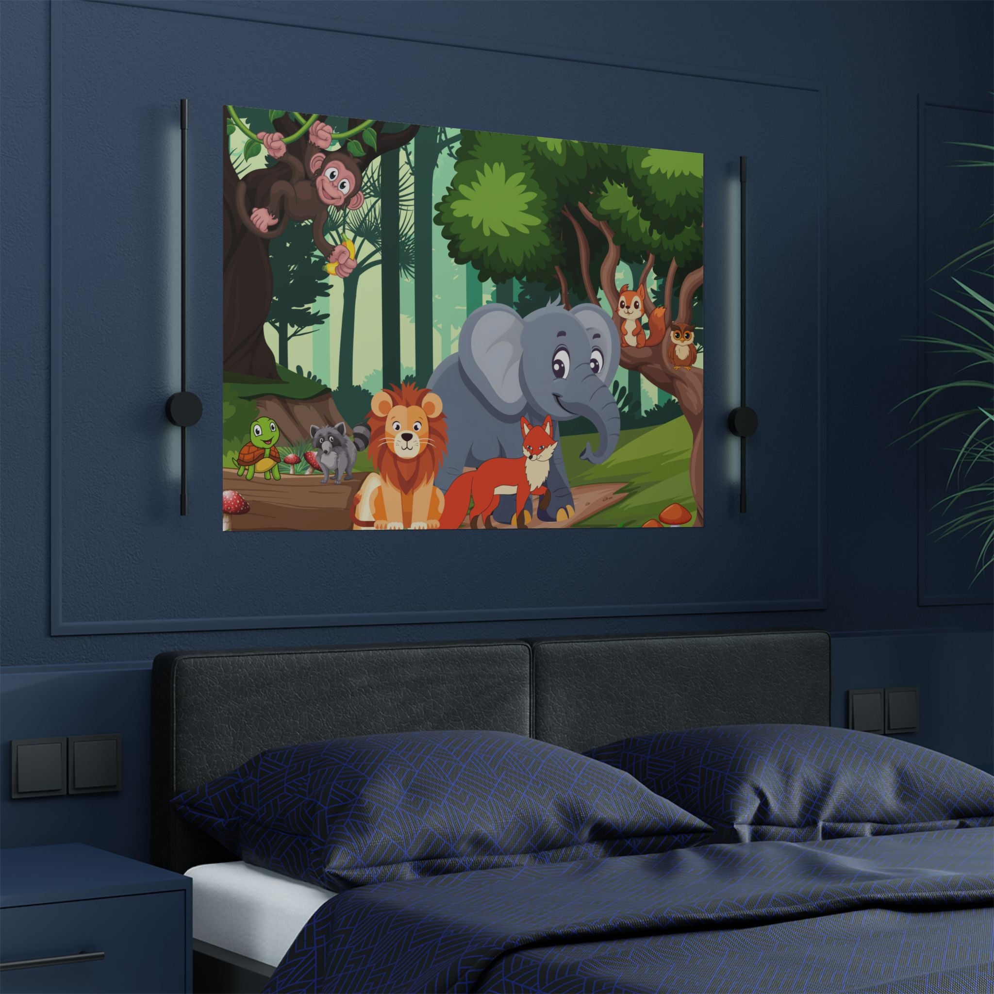 Verspieltes Tier-Kunstposter, Kinderzimmer Dschungel über das Bett